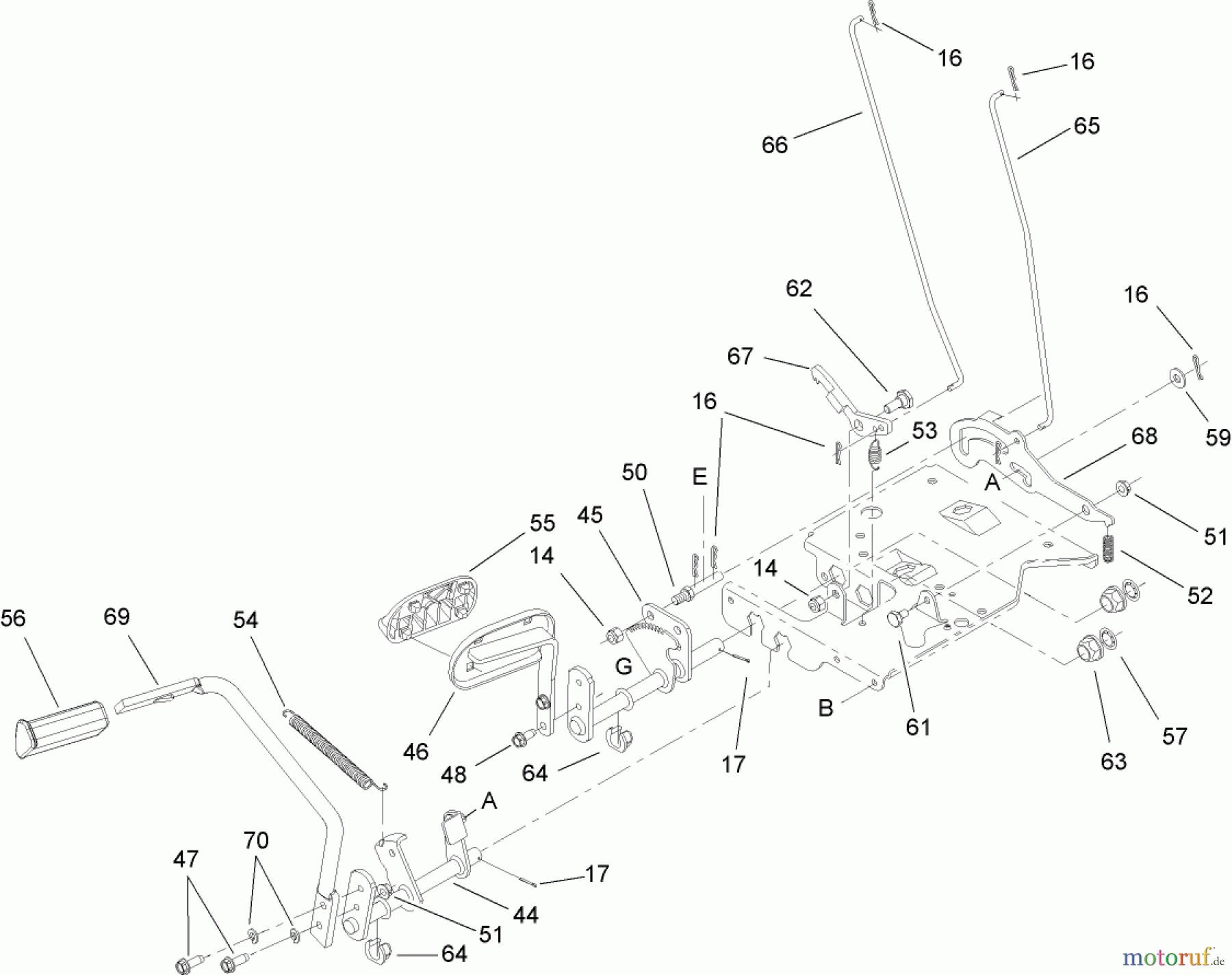  Toro Neu Mowers, Lawn & Garden Tractor Seite 1 13BX60RG544 (LX425) - Toro LX425 Lawn Tractor, 2007 (1A087H10172-1E237H10144) BRAKE AND TRACTION PEDAL ASSEMBLY