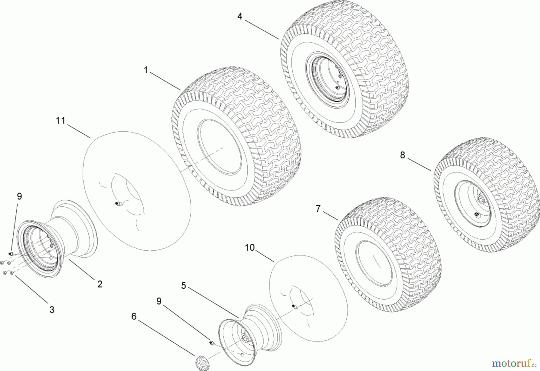  Toro Neu Mowers, Lawn & Garden Tractor Seite 1 14AK81RK544 (GT2300) - Toro GT2300 Garden Tractor, 2006 (1A186H30000-) FRONT AND REAR WHEEL ASSEMBLY