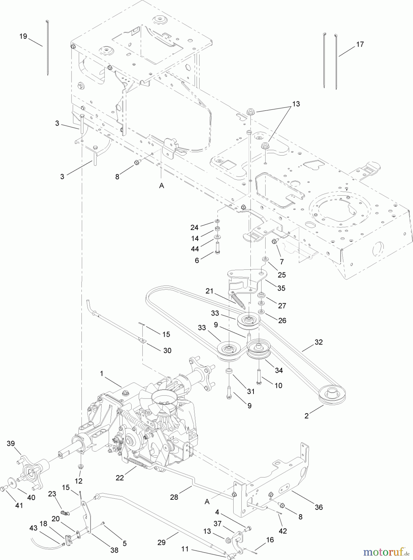  Toro Neu Mowers, Lawn & Garden Tractor Seite 1 14AQ81RP748 (GT2200) - Toro GT2200 Garden Tractor, 2007 (1B087H30130-) TRANSMISSION, BELT AND PULLEY ASSEMBLY