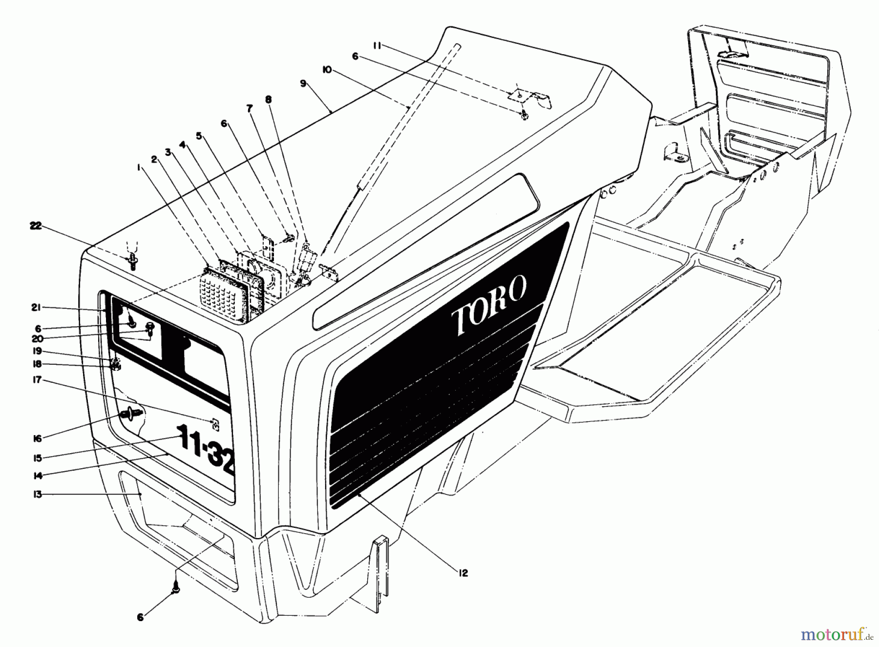  Toro Neu Mowers, Lawn & Garden Tractor Seite 1 57300 (8-32) - Toro 8-32 Front Engine Rider, 1981 (1000001-1999999) HOOD ASSEMBLY MODEL 57360