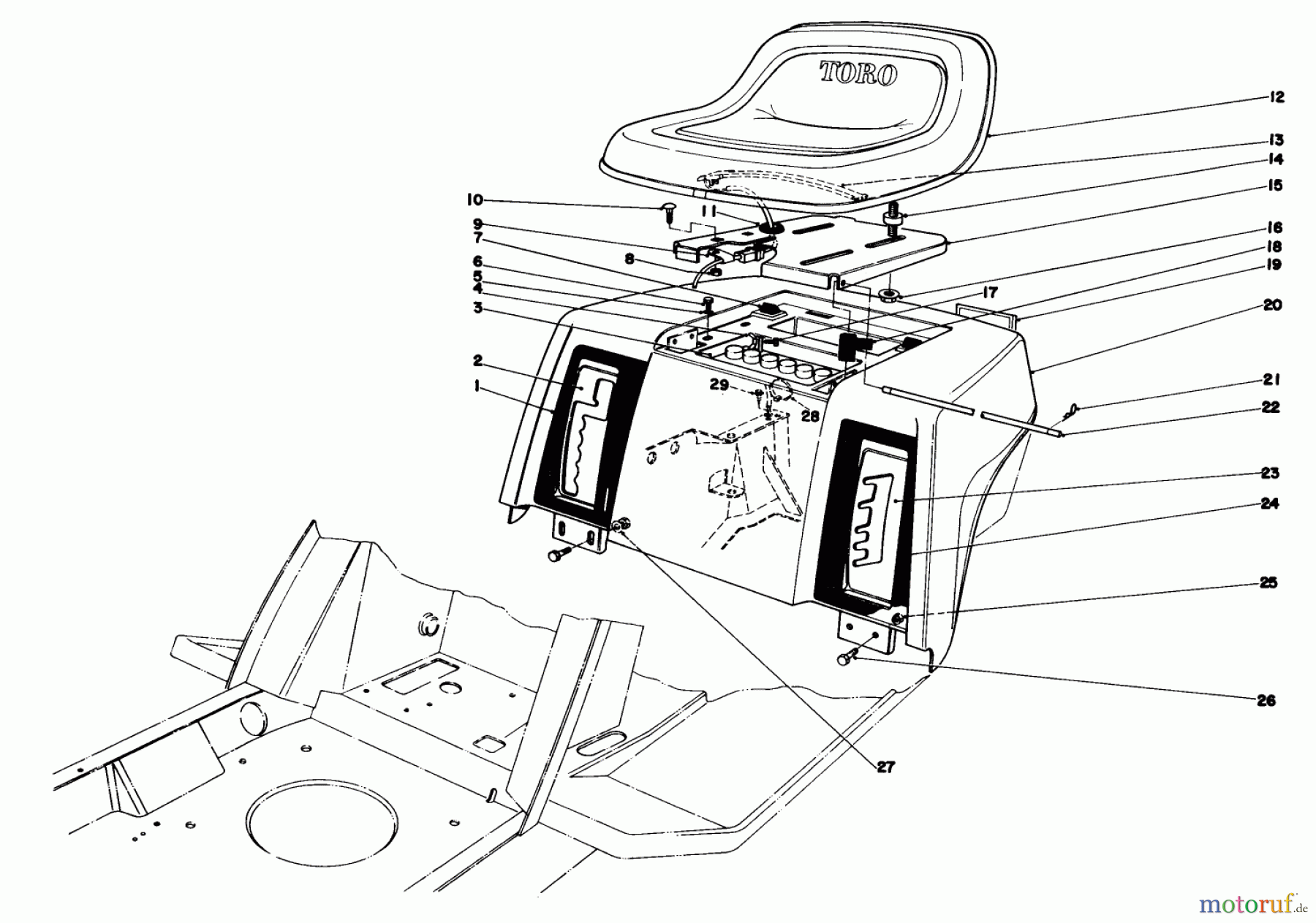  Toro Neu Mowers, Lawn & Garden Tractor Seite 1 57360 (11-32) - Toro 11-32 Lawn Tractor, 1987 (7000001-7999999) REAR BODY & SEAT ASSEMBLY