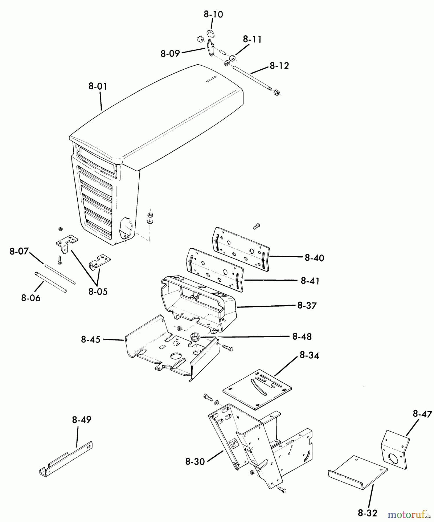  Toro Neu Mowers, Lawn & Garden Tractor Seite 1 61-10K803 (B-100) - Toro B-100 8-Speed Tractor, 1976 8.000 SHEET METAL AND COVERS (FIG. 8) #1