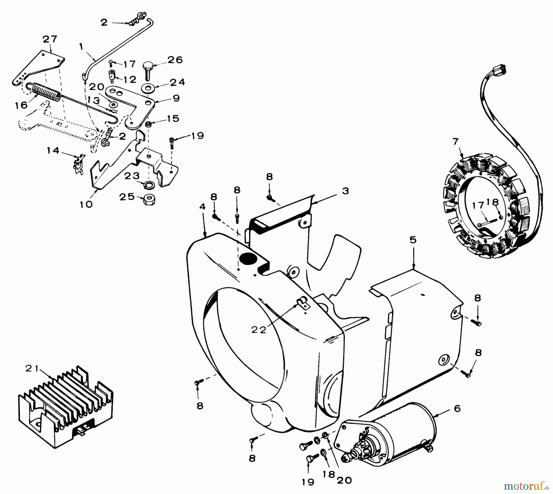  Toro Neu Mowers, Lawn & Garden Tractor Seite 1 61-20KS01 (D-200) - Toro D-200 Automatic Tractor, 1976 GOVERNOR, STARTER, CHARGING ALTERNATOR AND BLOWER HOUSING GROUP-16 HP ONAN ENGINE