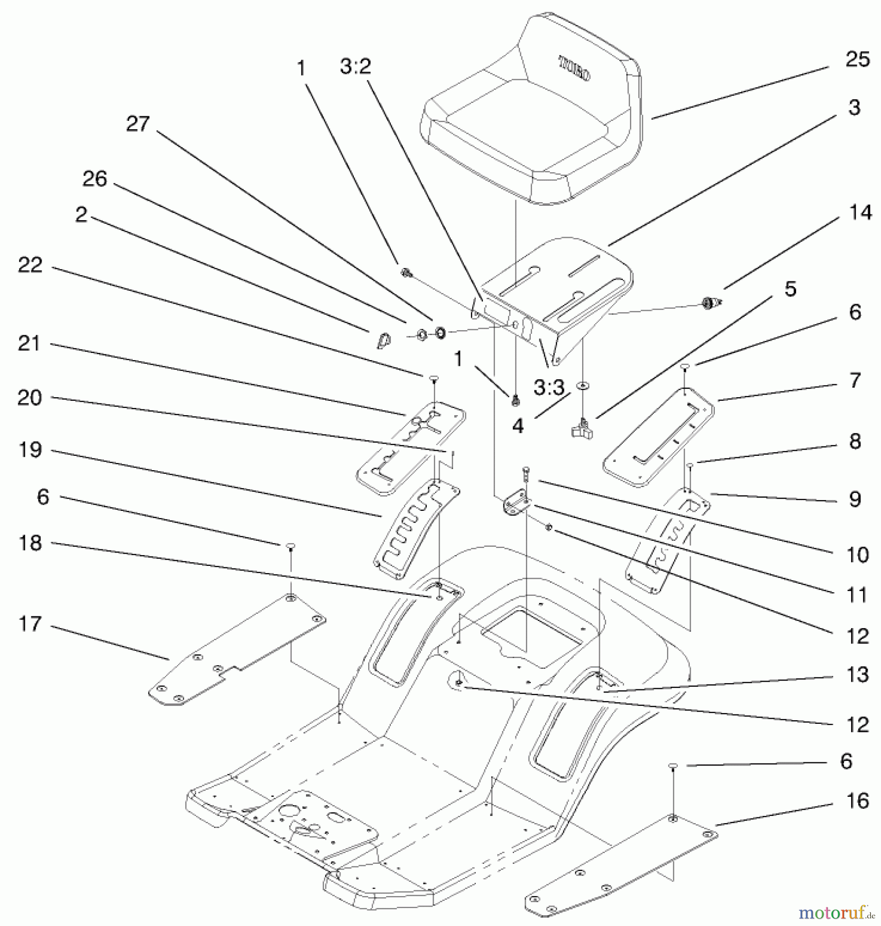  Toro Neu Mowers, Lawn & Garden Tractor Seite 1 71199 (12-32XL) - Toro 12-32XL Lawn Tractor, 2000 (200000001-200999999) REAR BODY & SEAT ASSEMBLY