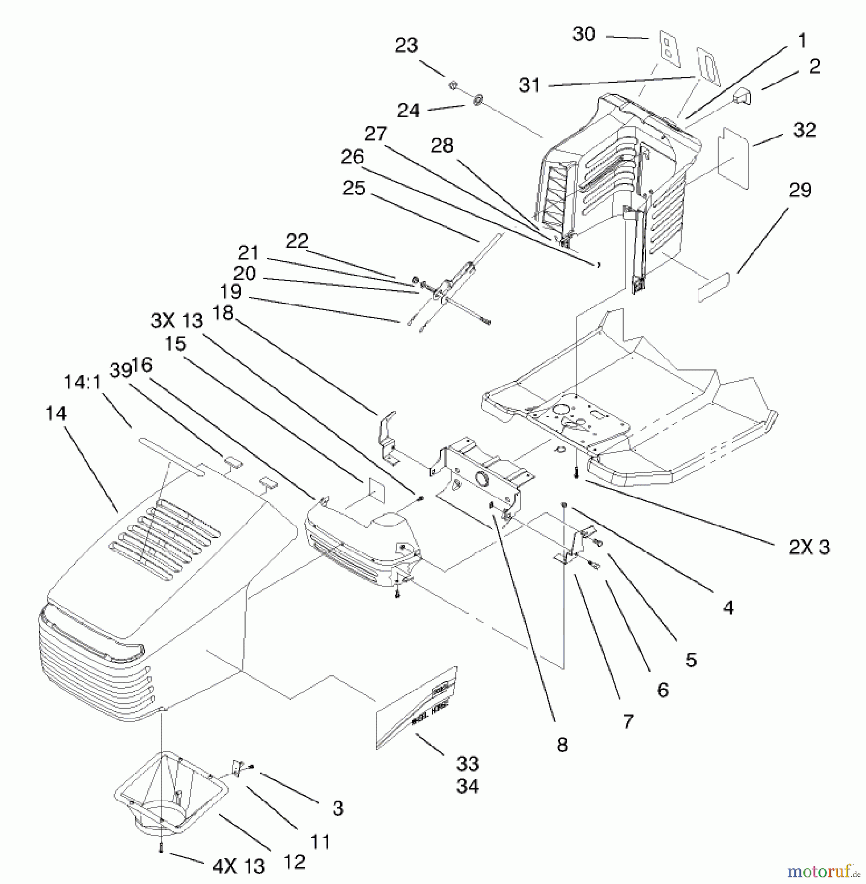  Toro Neu Mowers, Lawn & Garden Tractor Seite 1 71209 (13-32XLE) - Toro 13-32XLE Lawn Tractor, 2002 (220010001-220999999) HOOD & TOWER ASSEMBLY