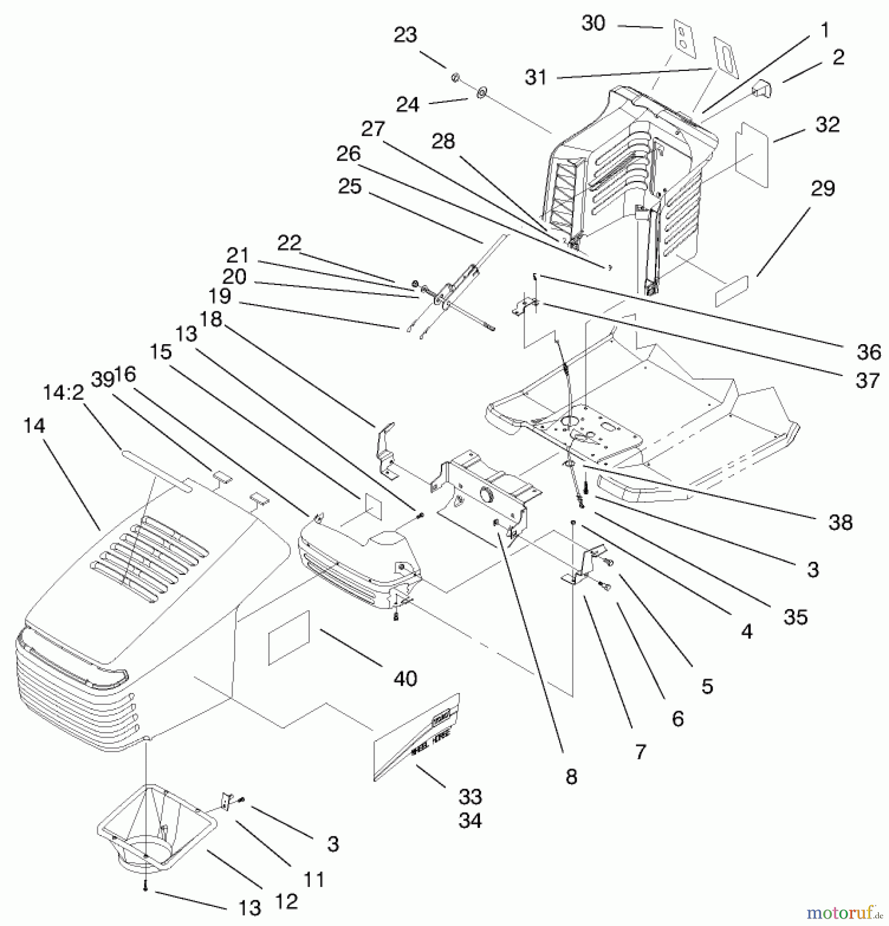  Toro Neu Mowers, Lawn & Garden Tractor Seite 1 71223 (16-38XL) - Toro 16-38XL Lawn Tractor, 2000 (200000001-200999999) HOOD & TOWER ASSEMBLY