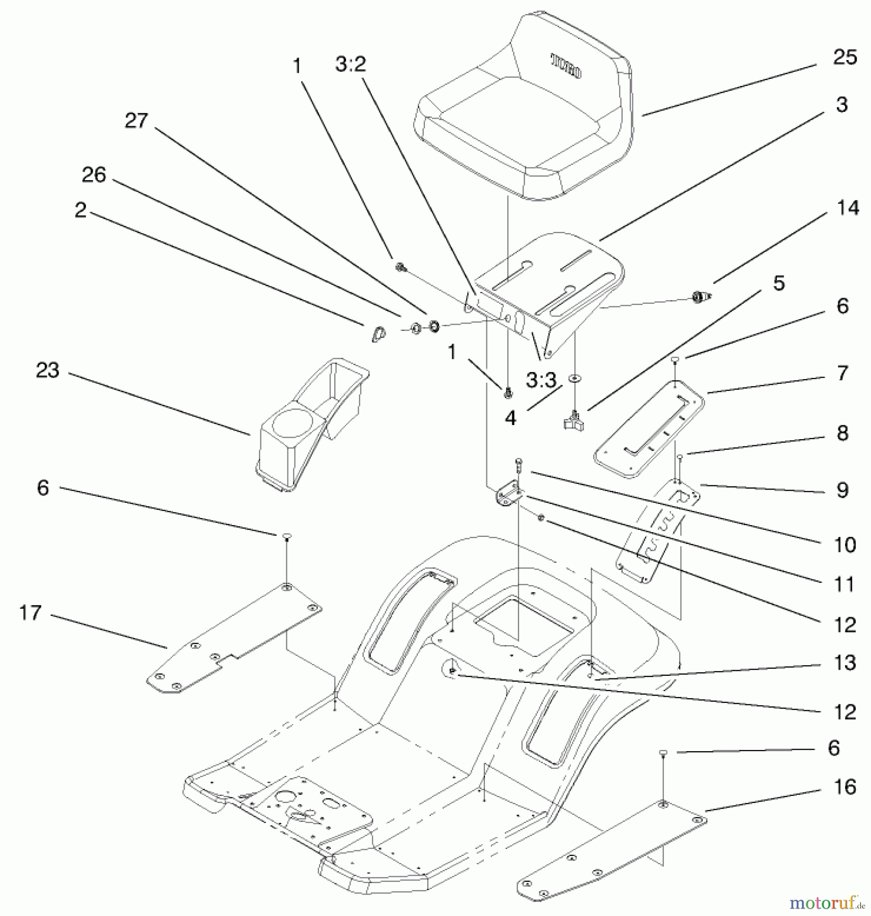  Toro Neu Mowers, Lawn & Garden Tractor Seite 1 71225 (16-38HXL) - Toro 16-38HXL Lawn Tractor, 2000 (200000001-200999999) REAR BODY & SEAT ASSEMBLY