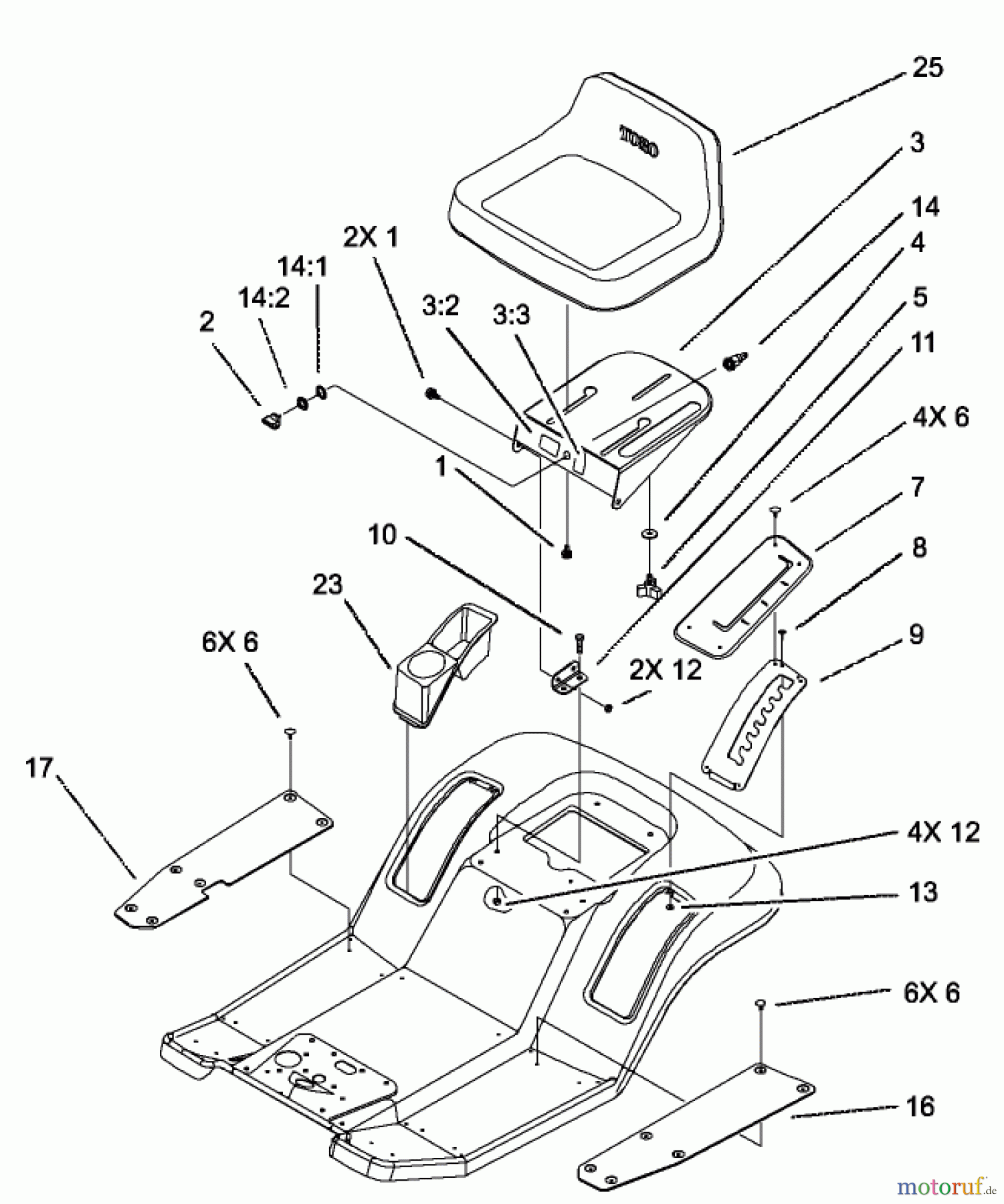  Toro Neu Mowers, Lawn & Garden Tractor Seite 1 71228 (17-44HXL) - Toro 17-44HXL Lawn Tractor, 2002 (220010001-220999999) REAR BODY AND SEAT ASSEMBLY