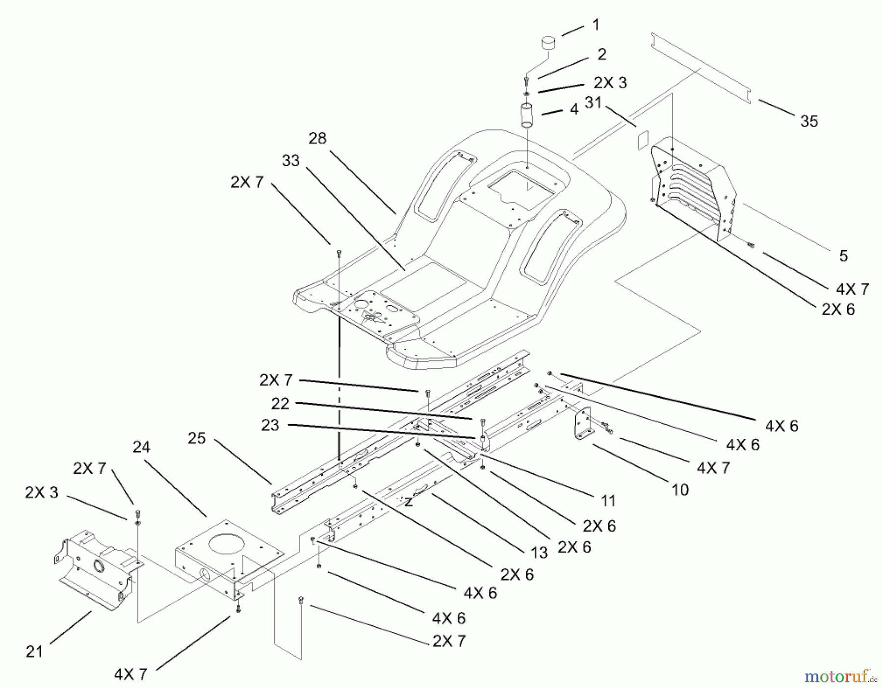  Toro Neu Mowers, Lawn & Garden Tractor Seite 1 71245 (14-38HXLE) - Toro 14-38HXLE Lawn Tractor, 2004 (240000001-240999999) FRAME AND BODY ASSEMBLY