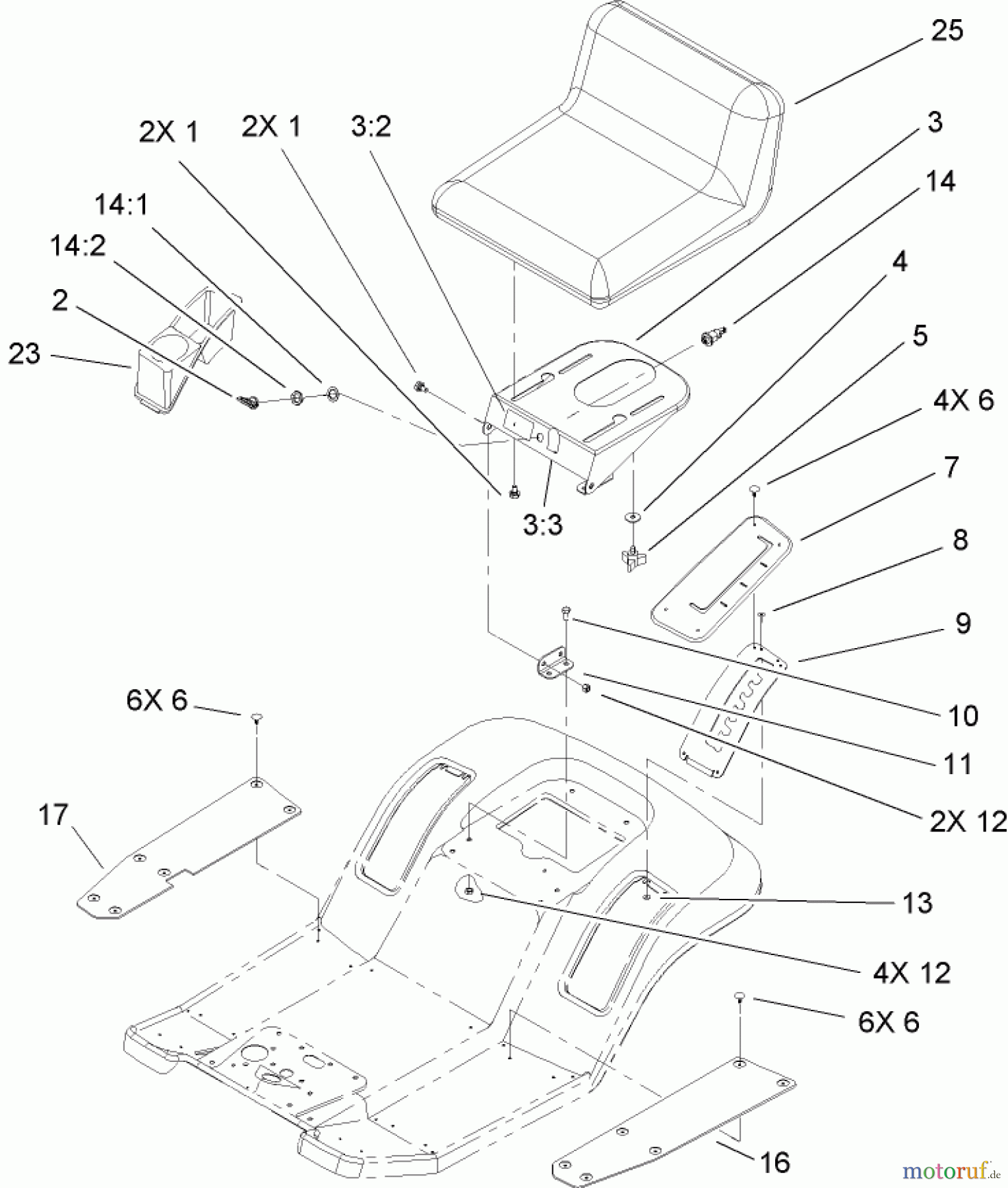  Toro Neu Mowers, Lawn & Garden Tractor Seite 1 71245 (14-38HXLE) - Toro 14-38HXLE Lawn Tractor, 2004 (240000001-240999999) REAR BODY AND SEAT ASSEMBLY