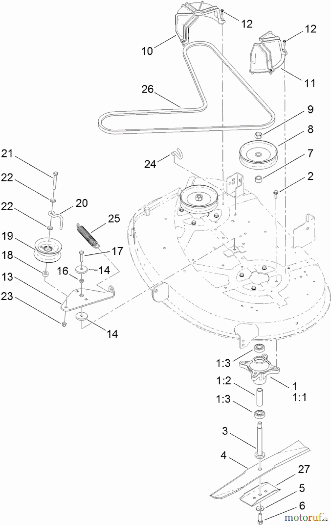  Toro Neu Mowers, Lawn & Garden Tractor Seite 1 71254 (XLS 380) - Toro XLS 380 Lawn Tractor, 2012 (SN 312000001-312999999) 38 INCH DECK BELT AND BLADE ASSEMBLY