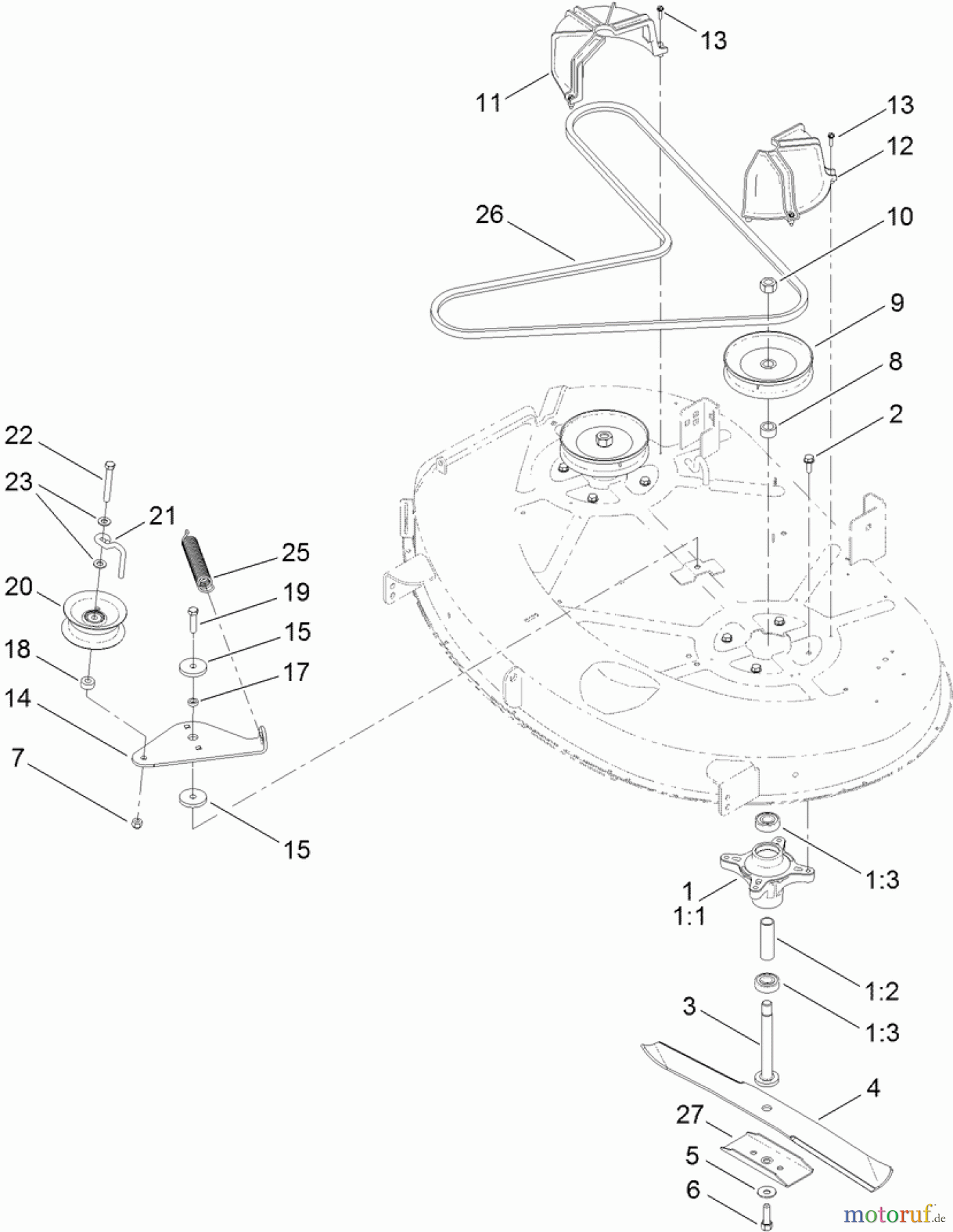  Toro Neu Mowers, Lawn & Garden Tractor Seite 1 71255 (XLS 420T) - Toro XLS 420T Lawn Tractor, 2011 (311000001-311999999) 42 INCH DECK BELT AND BLADE ASSEMBLY