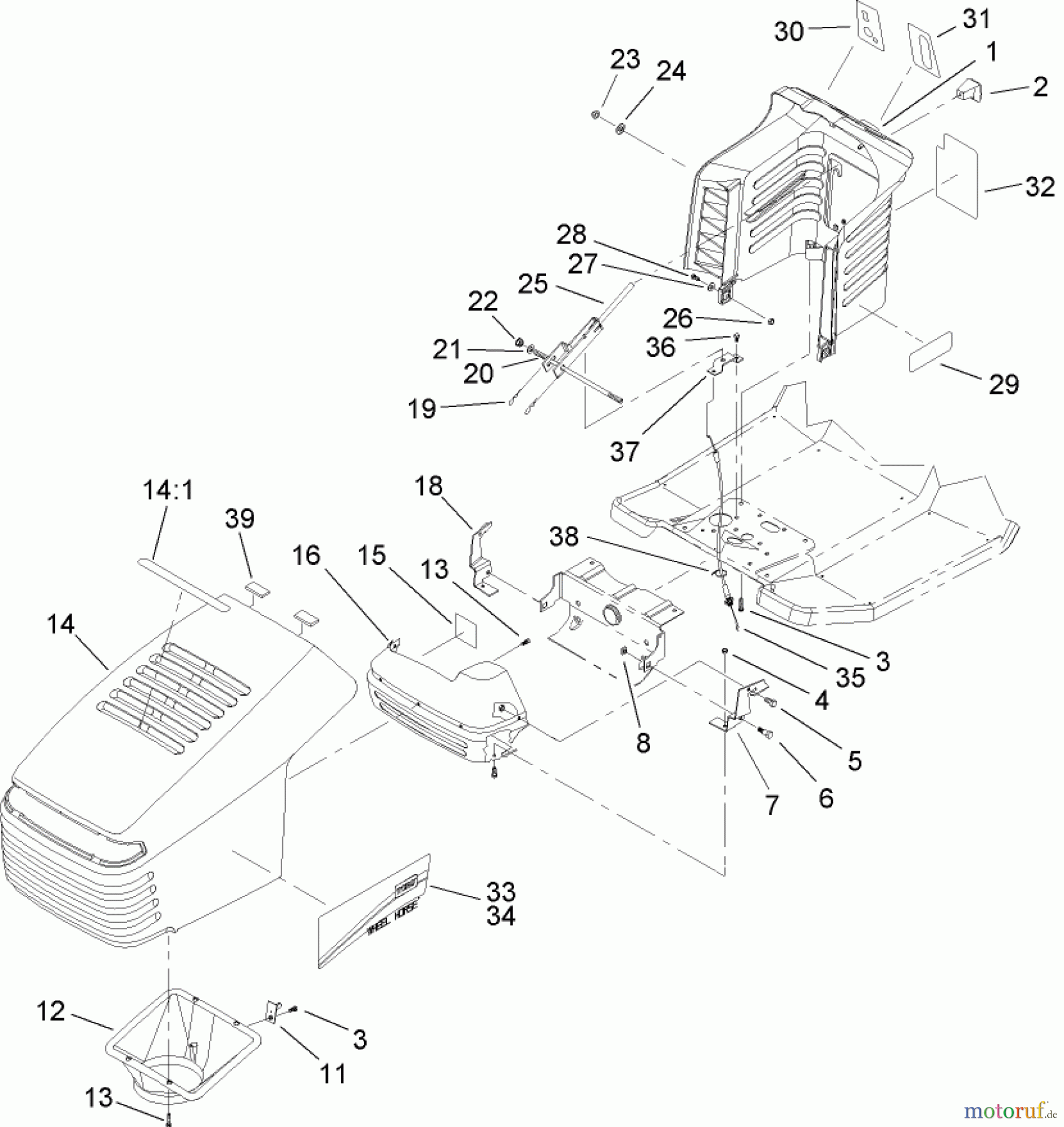  Toro Neu Mowers, Lawn & Garden Tractor Seite 1 71285 (18-44HXLE) - Toro 18-44HXLE Lawn Tractor, 2004 (240000001-240999999) HOOD AND TOWER ASSEMBLY