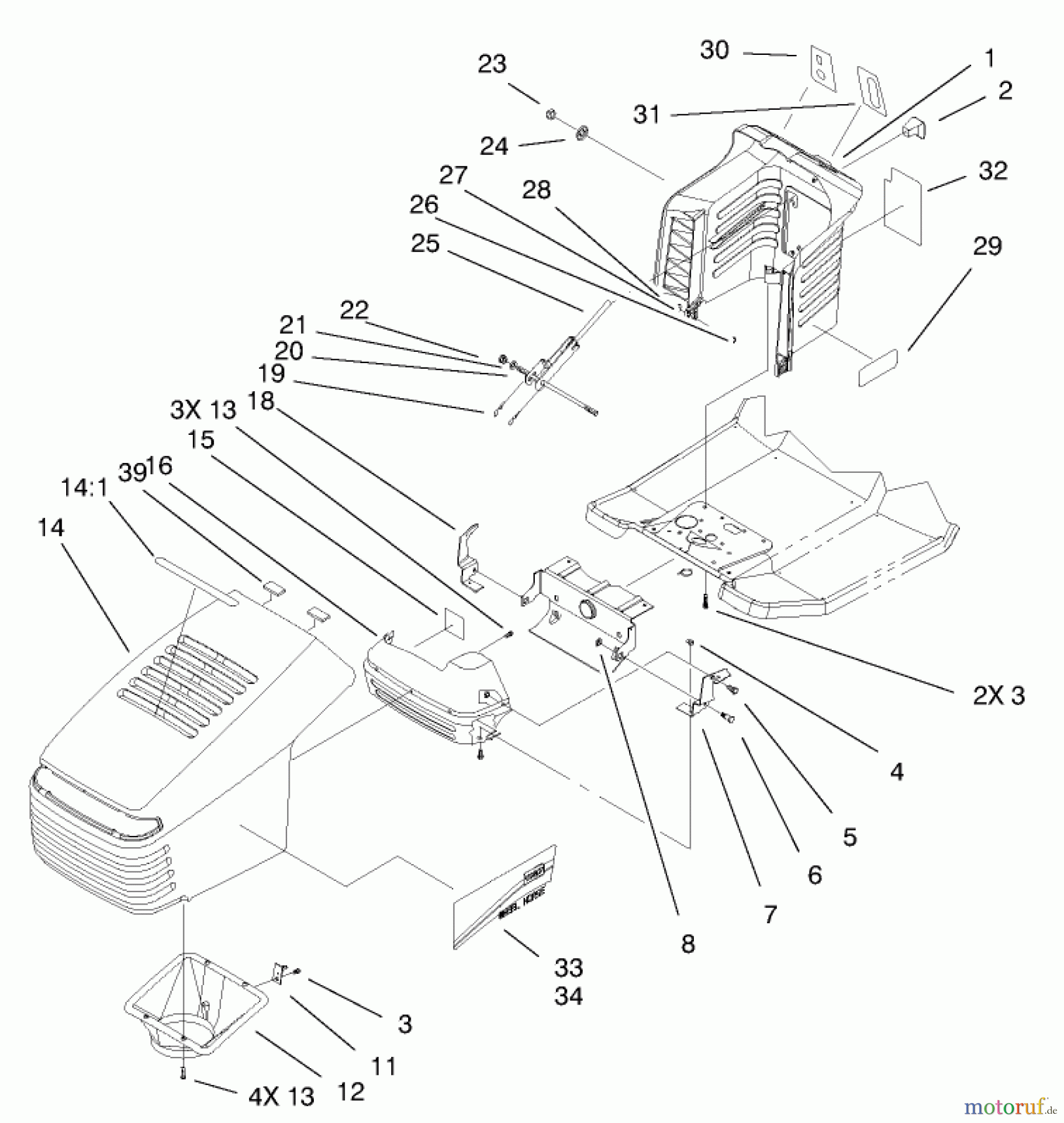  Toro Neu Mowers, Lawn & Garden Tractor Seite 1 71301 (12.5-32XLE) - Toro 12.5-32XLE Lawn Tractor, 2001 (210000001-210999999) HOOD AND TOWER ASSEMBLY