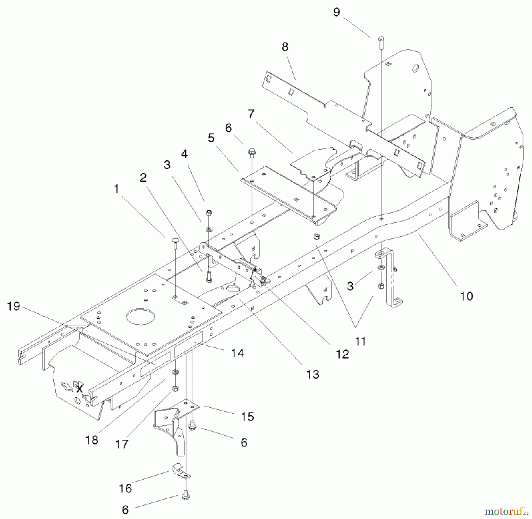  Toro Neu Mowers, Lawn & Garden Tractor Seite 1 72107 (268-HE) - Toro 268-HE Lawn and Garden Tractor, 2000 (200000001-200999999) FRAME ASSEMBLY