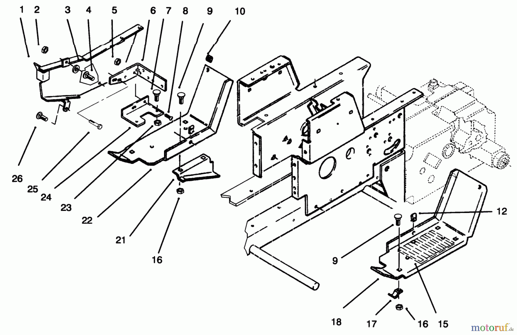  Toro Neu Mowers, Lawn & Garden Tractor Seite 1 73420 (416-8) - Toro 416-8 Garden Tractor, 1995 (5900615-5900714) BELT GUARD & FOOTRESTS