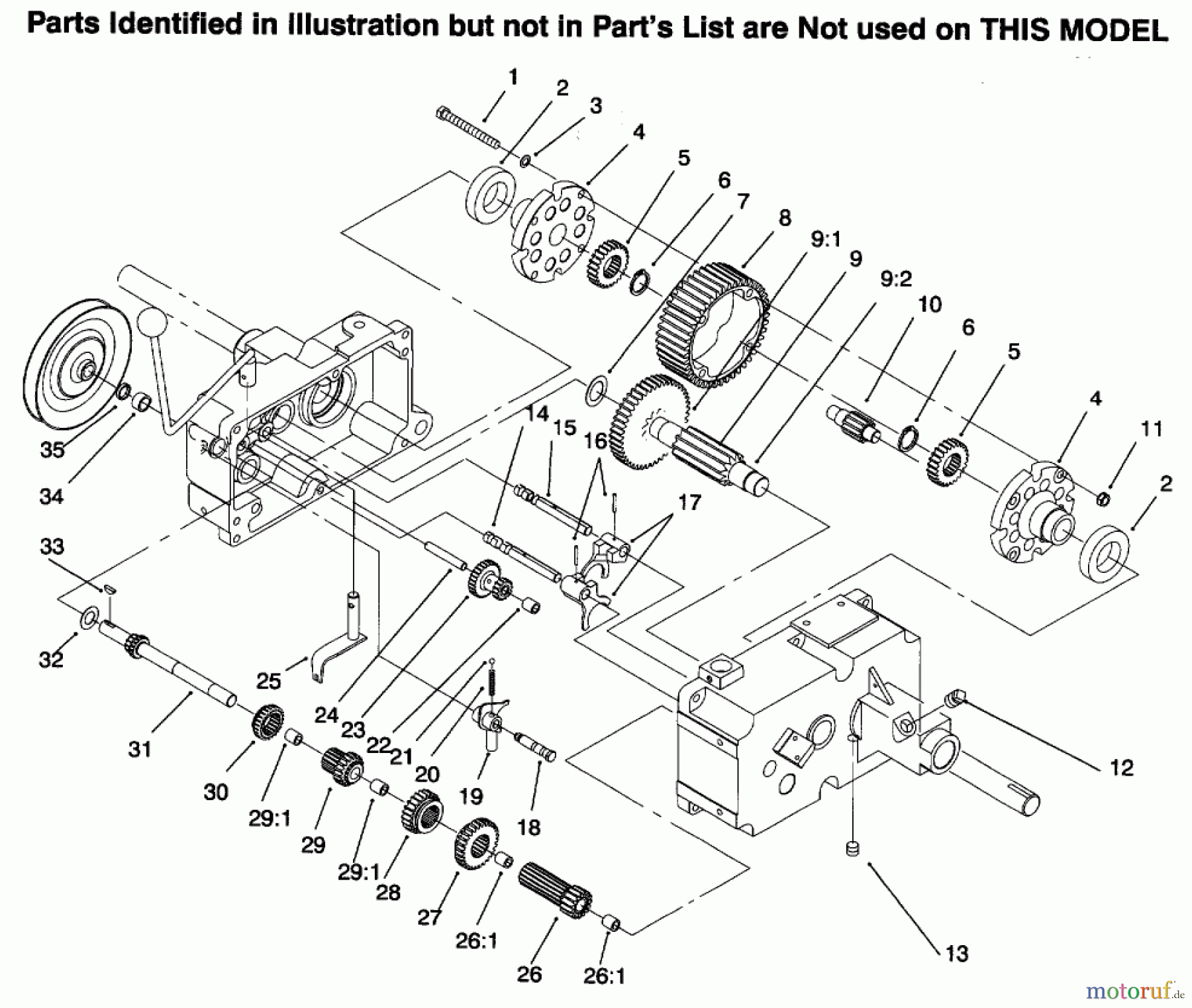  Toro Neu Mowers, Lawn & Garden Tractor Seite 1 73441 (416-8) - Toro 416-8 Garden Tractor, 1996 (69000001-69999999) TRANSMISSION 8-SPEED 8 PINION #2