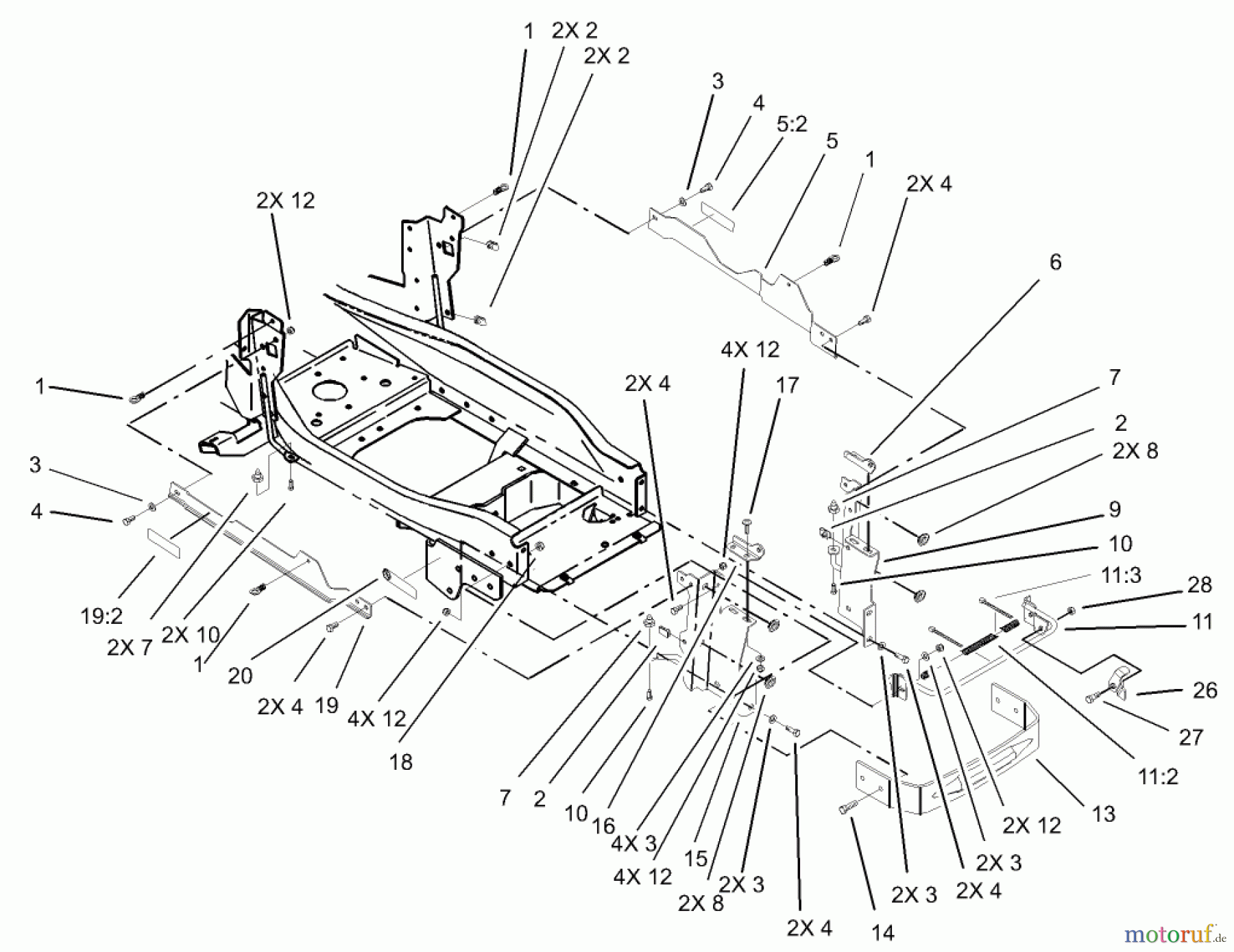  Toro Neu Mowers, Lawn & Garden Tractor Seite 1 73542 (520xi) - Toro 520xi Garden Tractor, 2004 (240000001-240999999) BUMPER AND HOOD SUPPORT ASSEMBLY