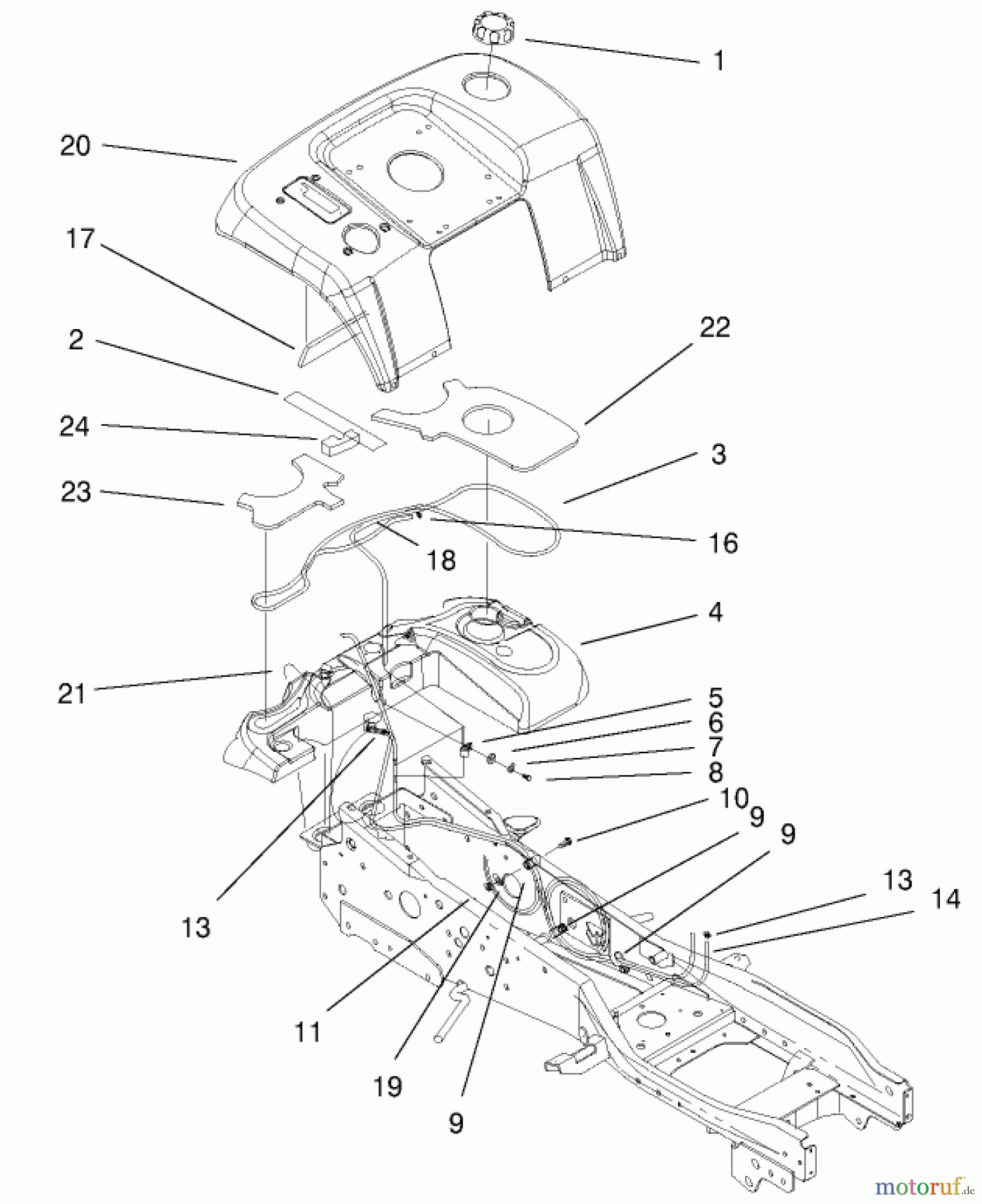  Toro Neu Mowers, Lawn & Garden Tractor Seite 1 73580 (520Lxi) - Toro 520Lxi Garden Tractor, 2000 (200000001-200999999) FENDER & FUEL SYSTEM ASSEMBLY