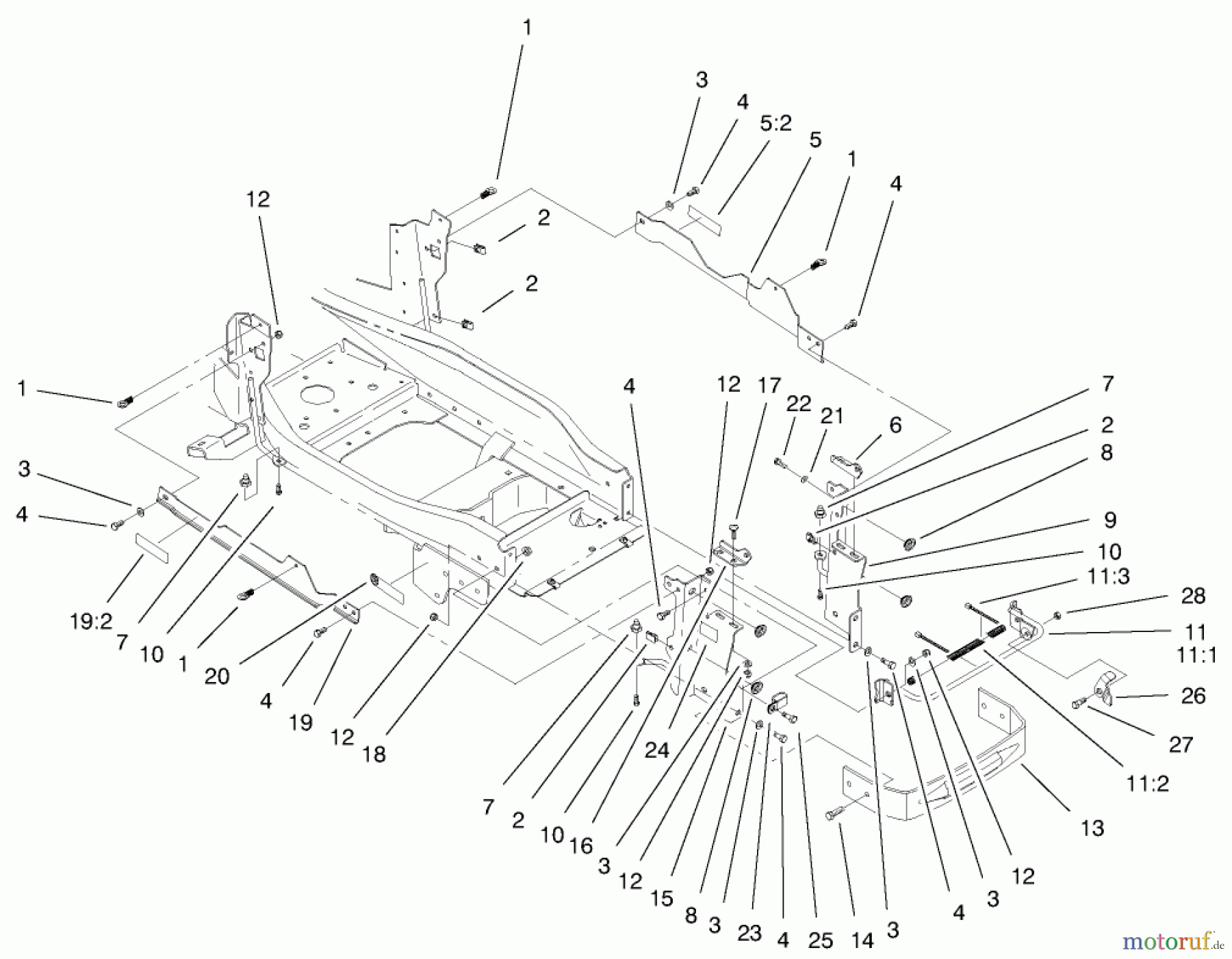  Toro Neu Mowers, Lawn & Garden Tractor Seite 1 73552 (523Dxi) - Toro 523Dxi Garden Tractor, 1999 (9900001-9999999) BUMPER & HOOD SUPPORT ASSEMBLY