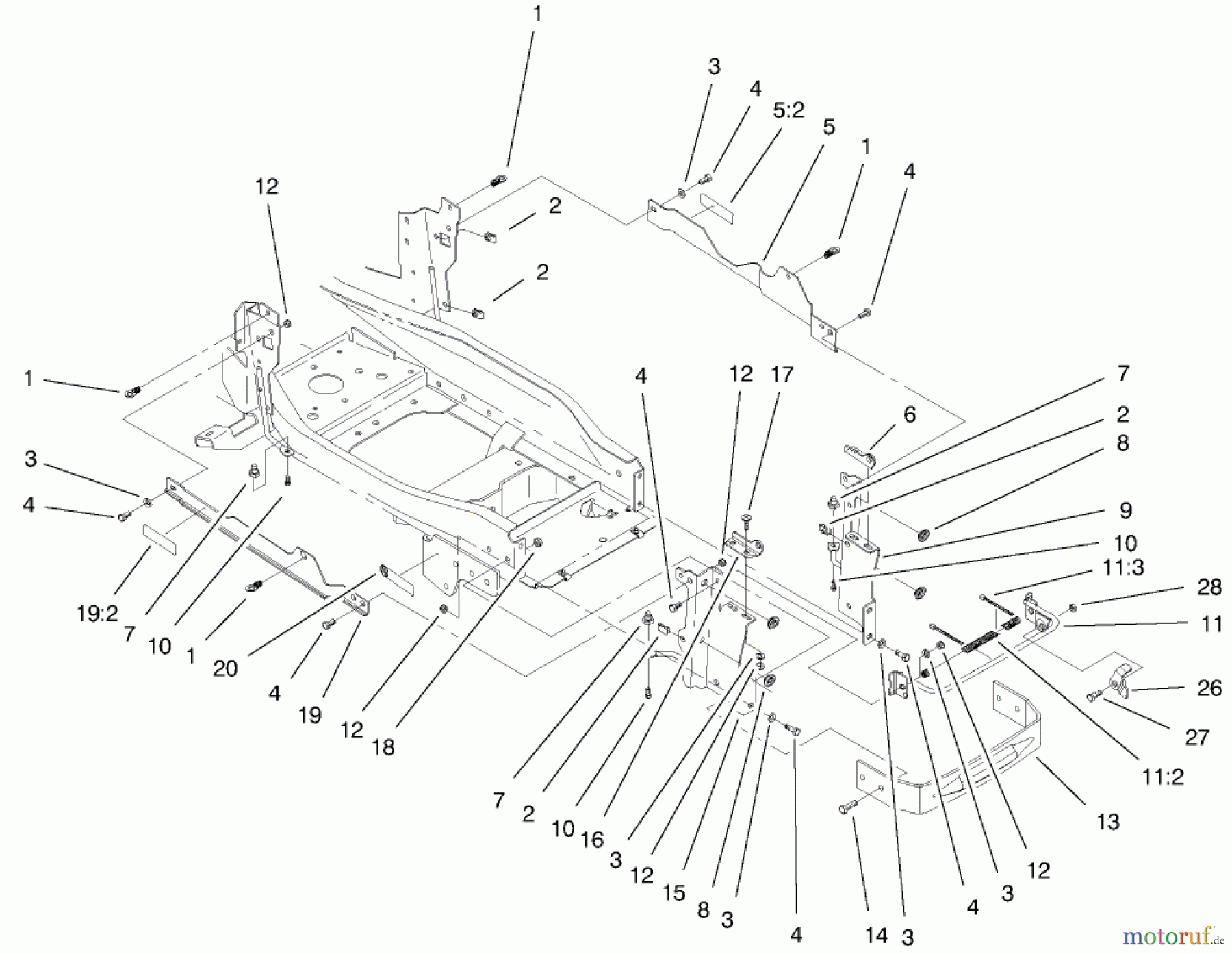  Toro Neu Mowers, Lawn & Garden Tractor Seite 1 73561 (522xi) - Toro 522xi Garden Tractor, 2000 (200000201-200999999) BUMPER & HOOD SUPPORT ASSEMBLY