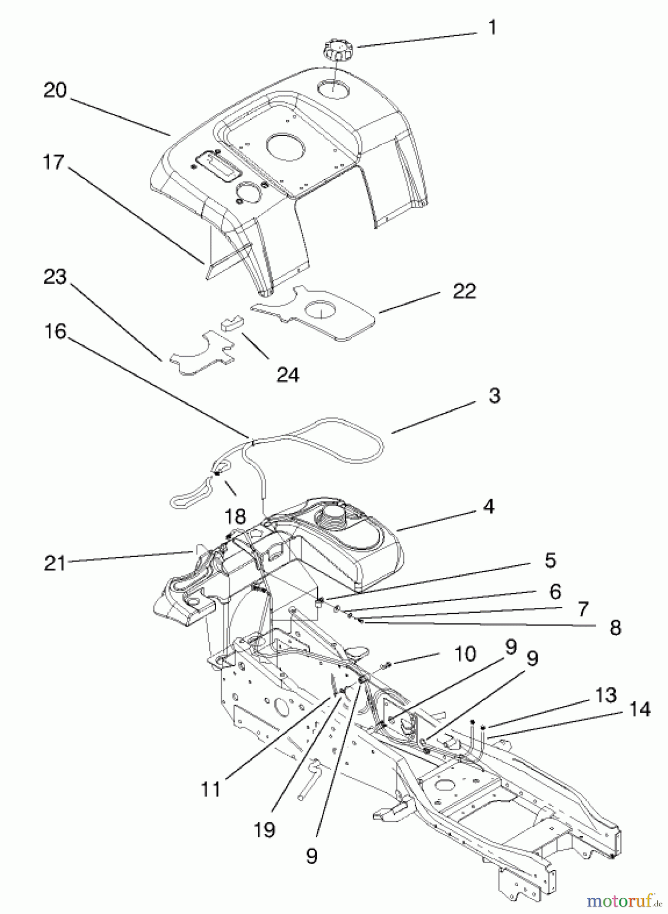  Toro Neu Mowers, Lawn & Garden Tractor Seite 1 73561 (522xi) - Toro 522xi Garden Tractor, 2000 (200000201-200999999) FENDER & FUEL SYSTEM ASSEMBLY