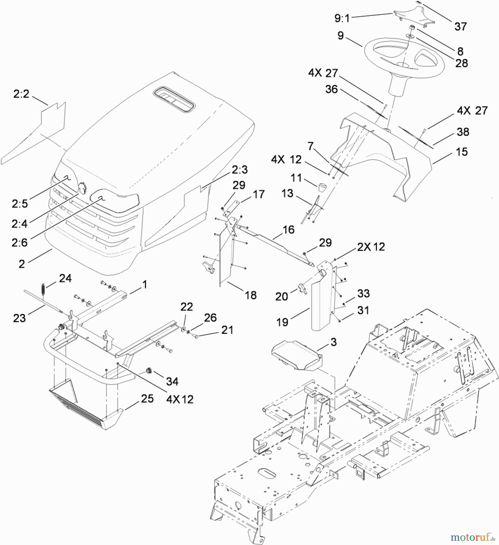  Toro Neu Mowers, Lawn & Garden Tractor Seite 1 74573 (DH 200) - Toro DH 200 Lawn Tractor, 2010 (310000001-310999999) HOOD ASSEMBLY