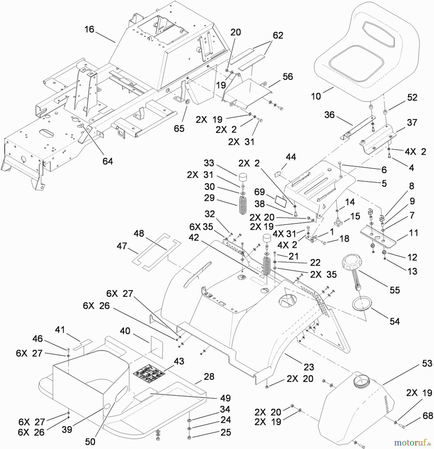  Toro Neu Mowers, Lawn & Garden Tractor Seite 1 74582 (DH 210) - Toro DH 210 Lawn Tractor, 2010 (310000001-310999999) FRAME, FENDER, SEAT AND FUEL TANK ASSEMBLY