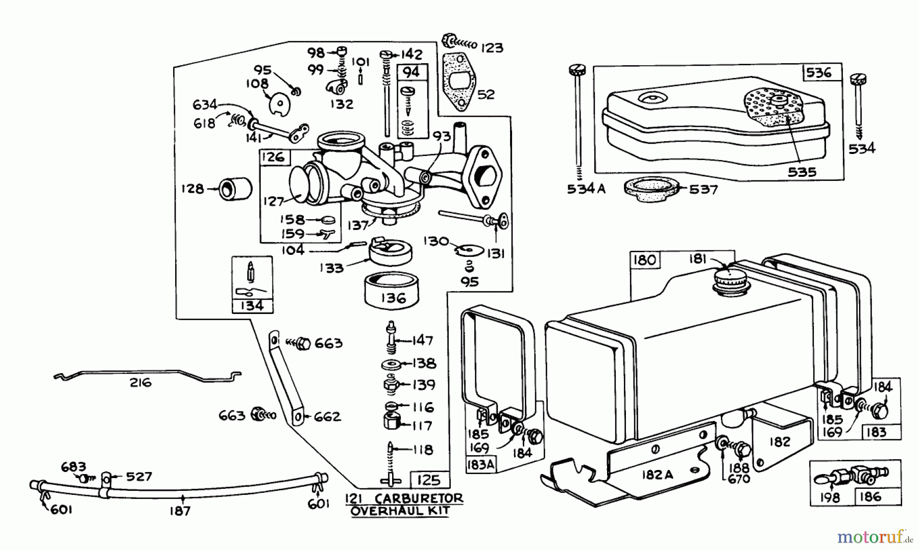  Toro Neu Mowers, Rear-Engine Rider 56150 (732) - Toro 732 Sportsman Rider, 1975 (5000001-5999999) CARBURETOR AND FUEL TANK ASSEMBLY RECOIL AND ELECTRIC START