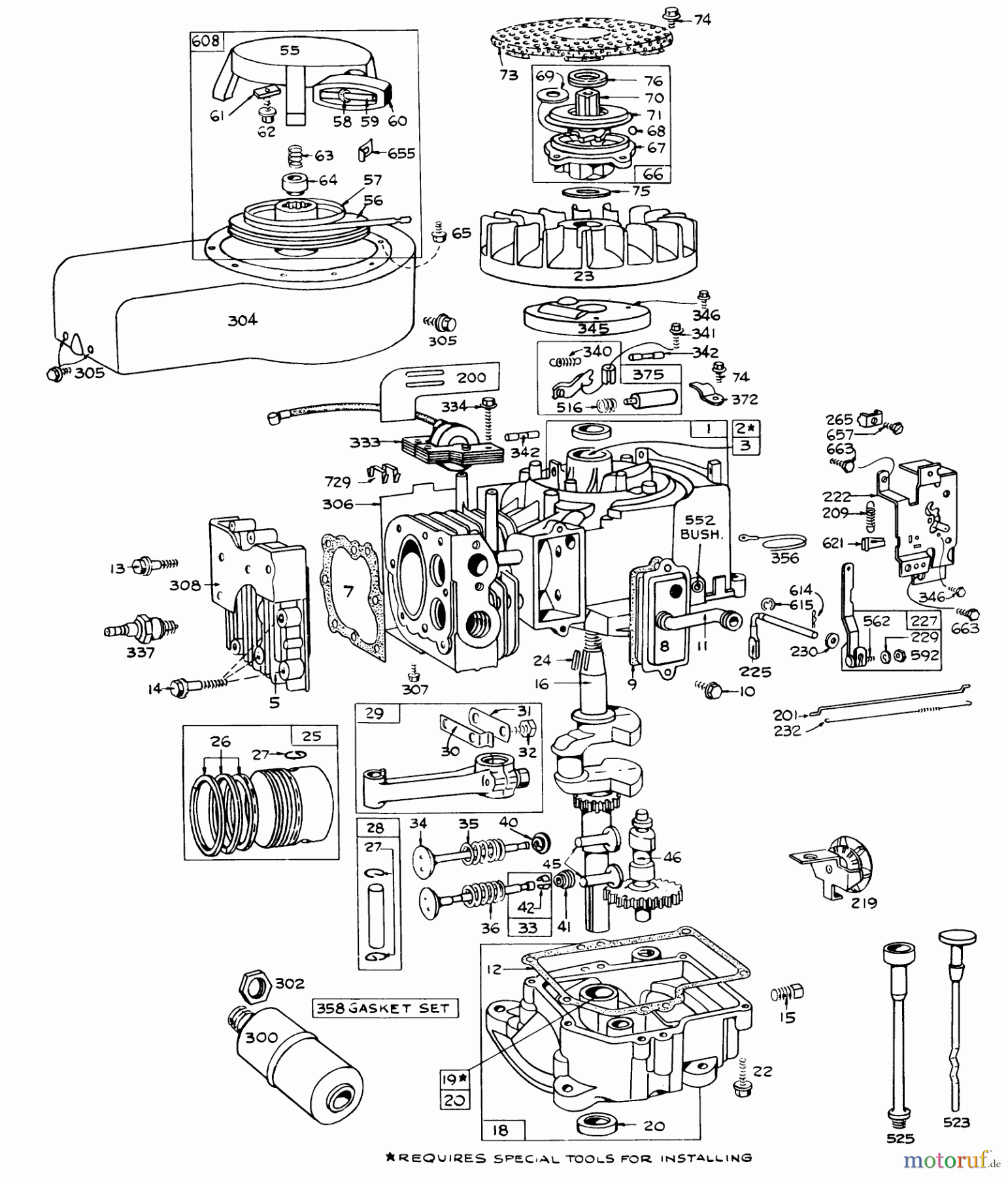  Toro Neu Mowers, Rear-Engine Rider 56150 (732) - Toro 732 Sportsman Rider, 1973 (3000001-3999999) ENGINE BRIGGS & STRATTON MODEL NO. 170702-1163 RECOIL START