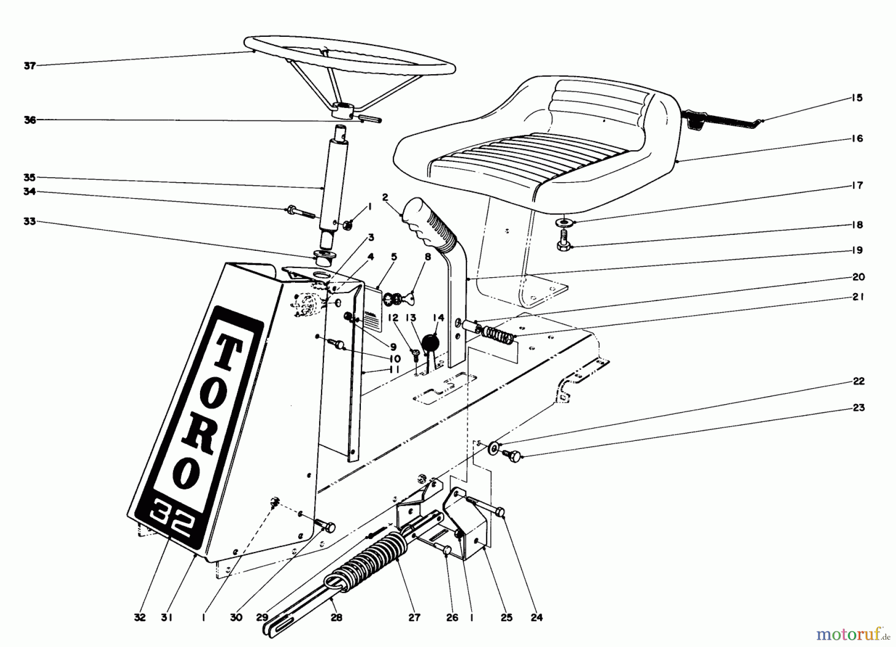  Toro Neu Mowers, Rear-Engine Rider 56100 (732) - Toro 732 Sportsman Rider, 1973 (3000001-3999999) STEERING AND SEAT ASSEMBLY