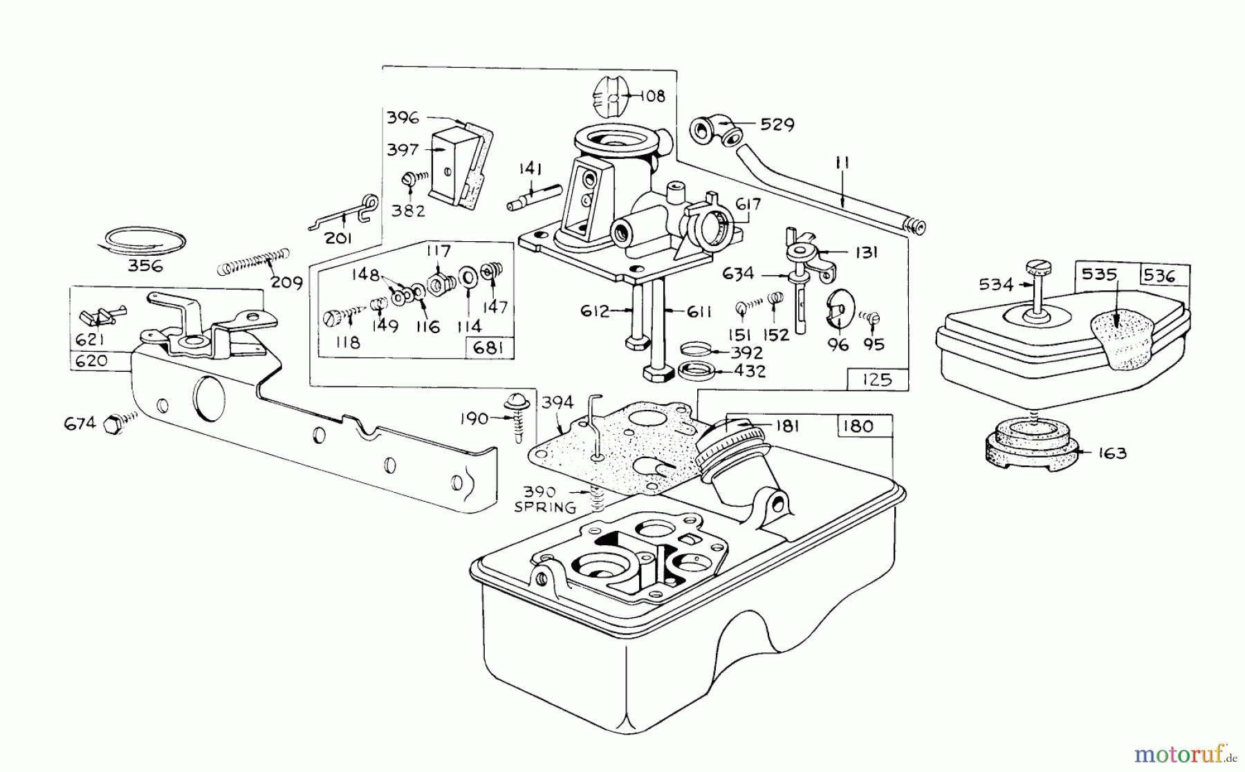  Toro Neu Mowers, Walk-Behind Seite 1 16000 - Toro Fiesta Lawnmower, 1971 (1000001-1999999) MODEL NO. 390065 CARBURETOR ASSEMBLY FOR ENGINES 92908-1129-01 & 92908-1130-01