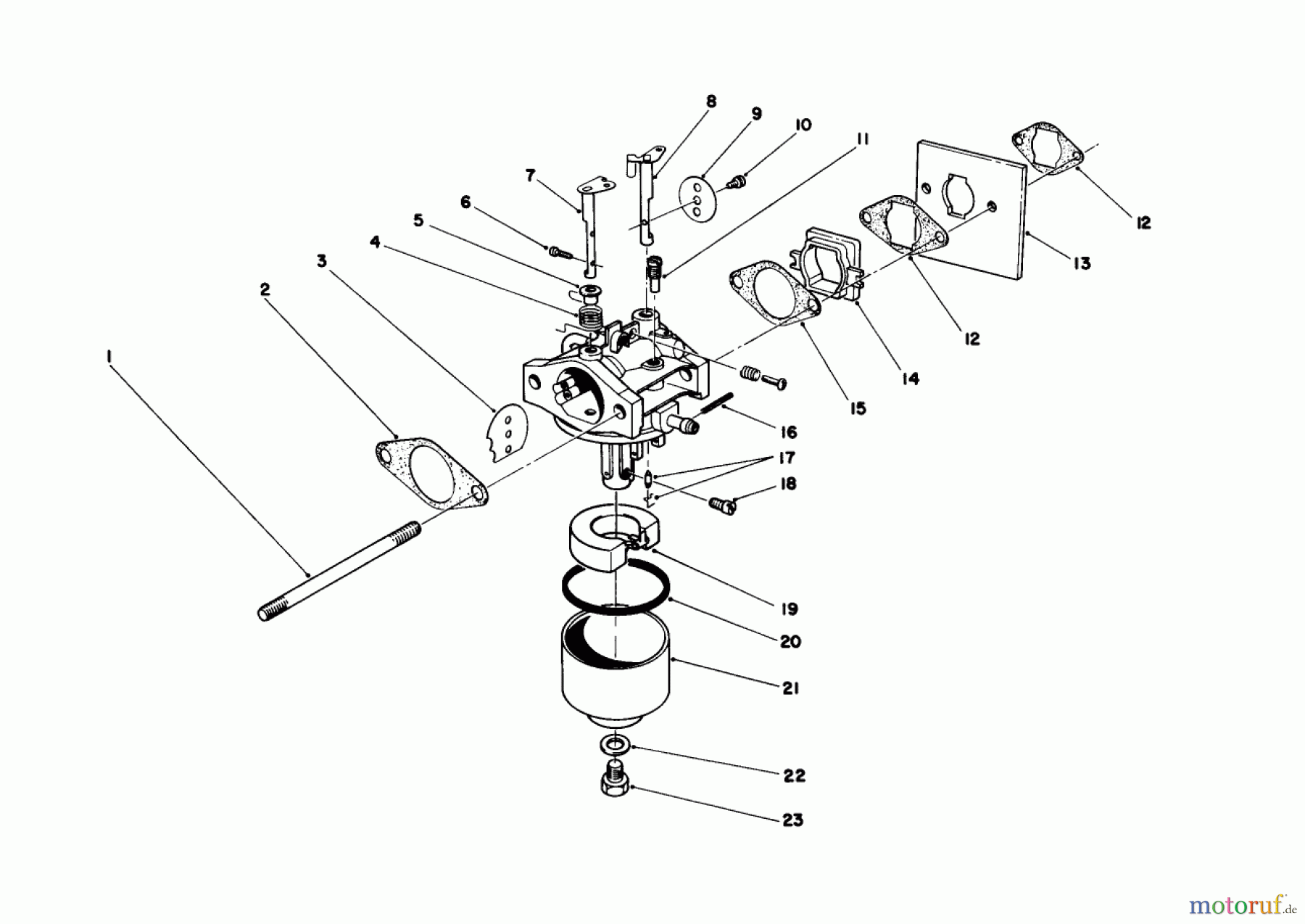  Toro Neu Mowers, Walk-Behind Seite 1 16785 - Toro Lawnmower, 1986 (6000001-6999999) CARBURETOR ASSEMBLY ENGINE 47PE4 (USED ON UNITS WITH SERIAL NO. 6000101-6004101) ENGINE 47PF5 (USED ON UNITS WITH SERIAL NO. 600