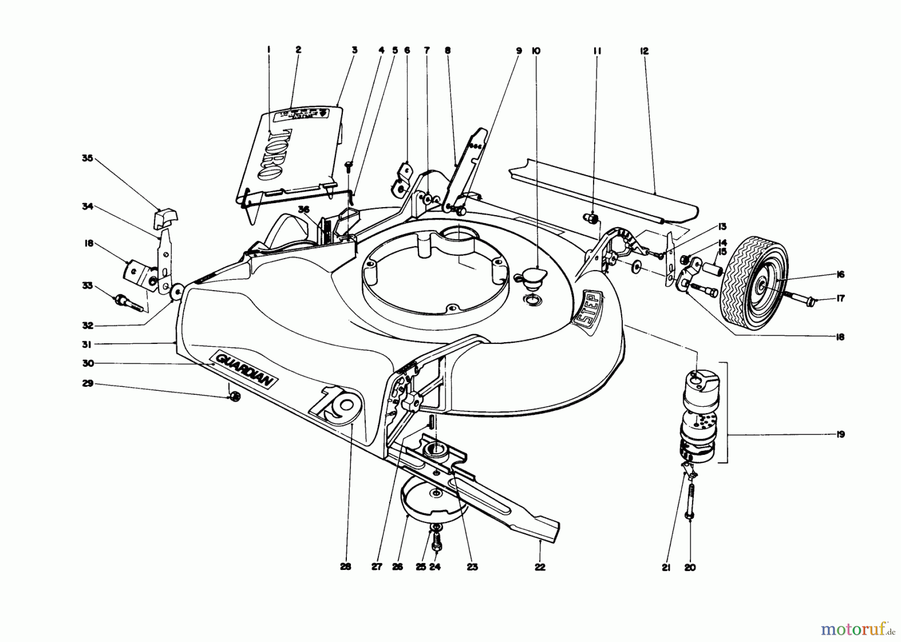  Toro Neu Mowers, Walk-Behind Seite 1 19400 - Toro Guardian Lawnmower, 1975 (5000001-5999999) HOUSING ASSEMBLY