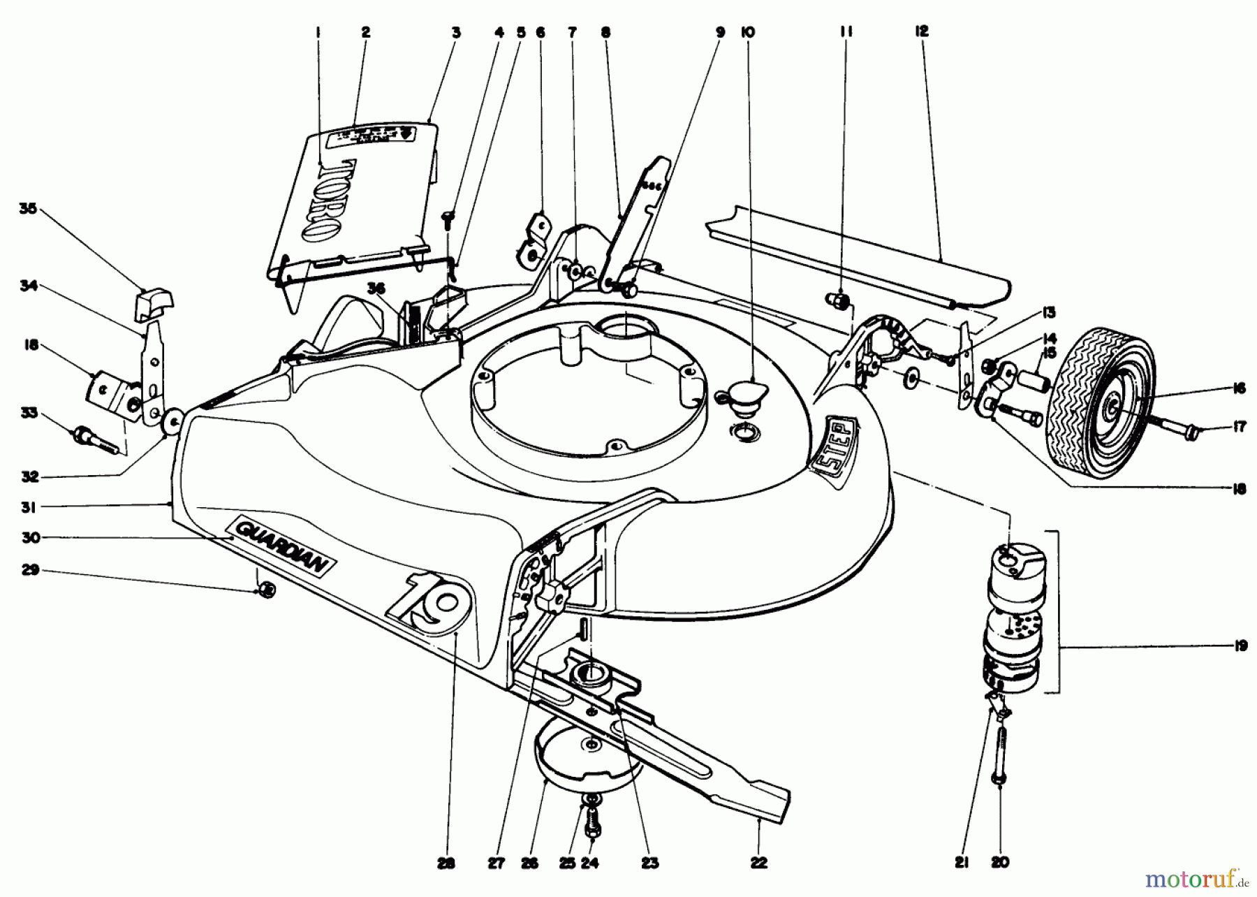  Toro Neu Mowers, Walk-Behind Seite 1 19400 - Toro Guardian Lawnmower, 1976 (6000001-6999999) HOUSING ASSEMBLY