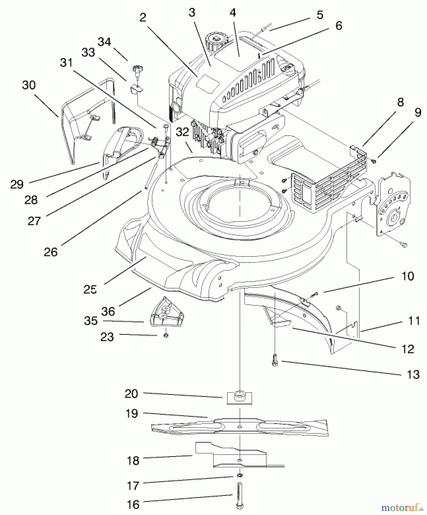  Toro Neu Mowers, Walk-Behind Seite 1 20010 (R-21P) - Toro Recycler Mower, R-21P, 1999 (9900001-9999999) ENGINE & BLADE ASSEMBLY