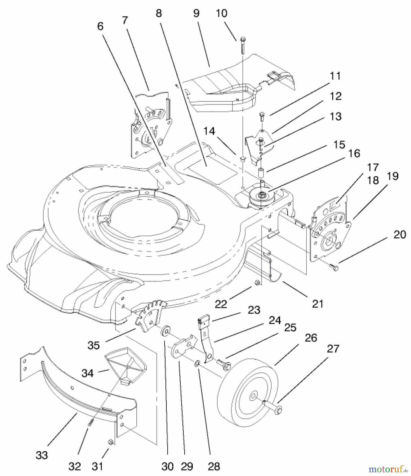  Toro Neu Mowers, Walk-Behind Seite 1 20027 (R-21OSB) - Toro Recycler Mower, R-21OSB, 2000 (200000001-200999999) HOUSING, HANDLE BRACKETS, & WHEEL ASSEMBLY