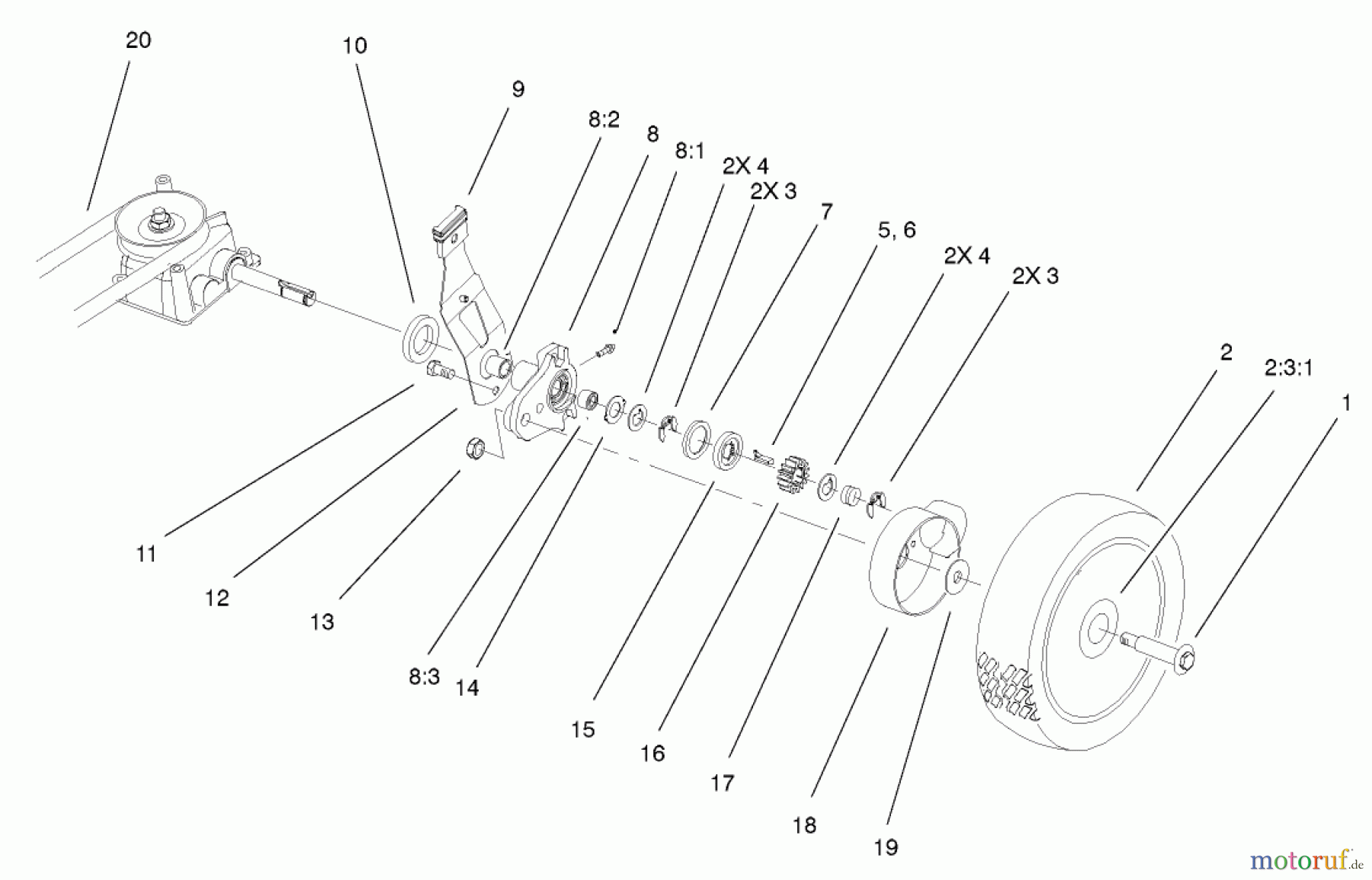  Toro Neu Mowers, Walk-Behind Seite 1 20028 - Toro Recycler Mower, 2001 (210000001-210999999) GEAR CASE & WHEEL ASSEMBLY