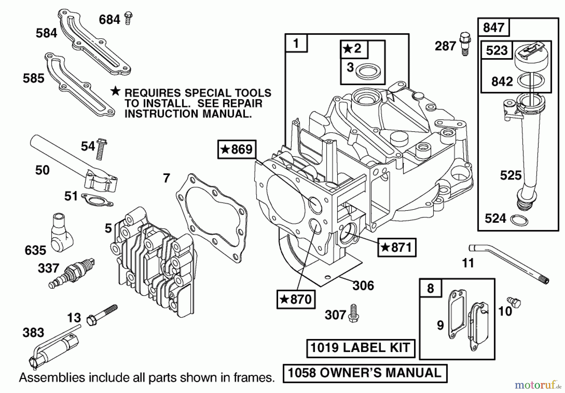  Toro Neu Mowers, Walk-Behind Seite 1 20030 (SR-21P) - Toro Super Recycler Mower, SR-21P, 2001 (210000001-210999999) CYLINDER ASSEMBLY BRIGGS AND STRATTON MODEL 12H802-1776-B1