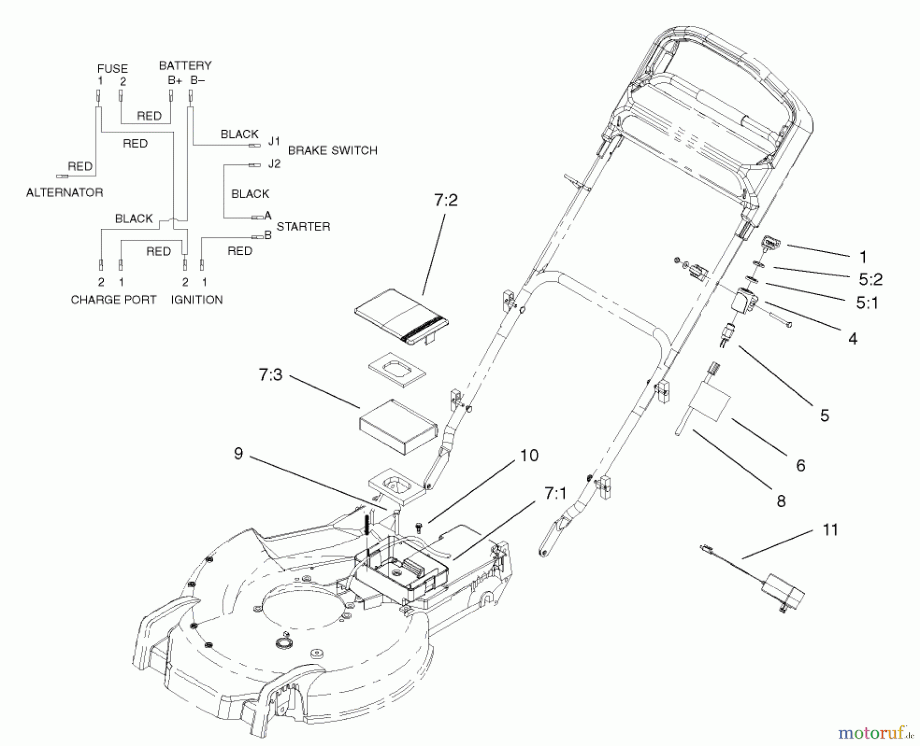  Toro Neu Mowers, Walk-Behind Seite 1 20039 - Toro Super Recycler Mower with Bag, 2002 (220000001-220999999) BATTERY AND SWITCH ASSEMBLY