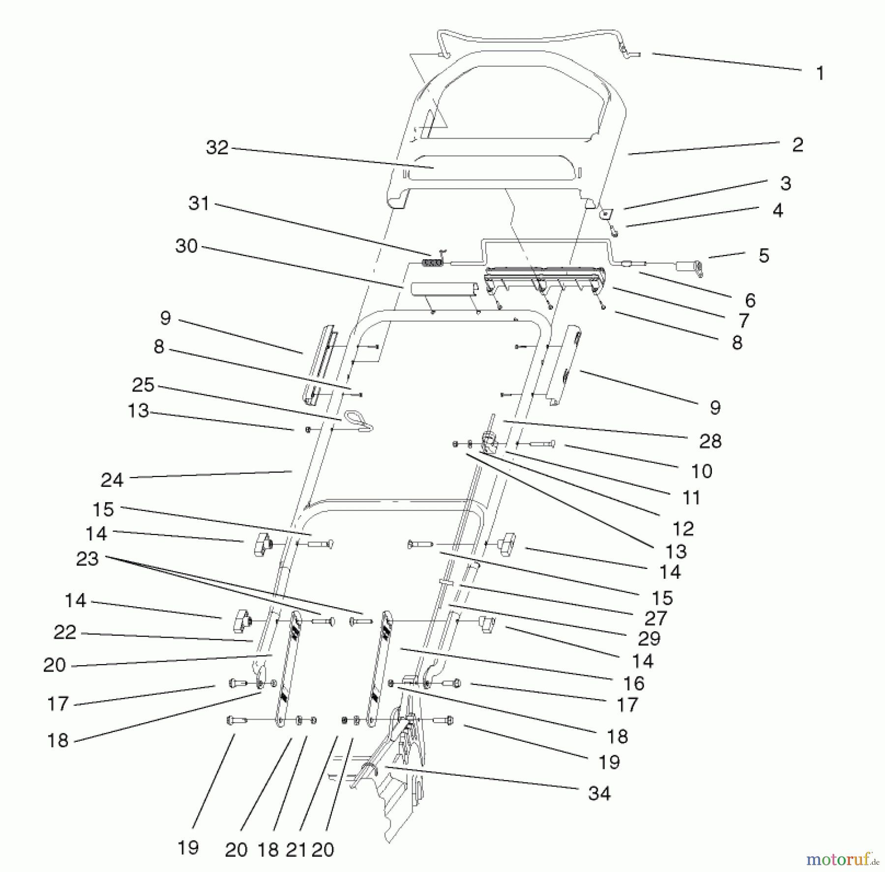  Toro Neu Mowers, Walk-Behind Seite 1 20043 (SR-21SB) - Toro Super Recycler Mower, SR-21SB, 2000 (200000001-200999999) HANDLE & CONTROLS ASSEMBLY