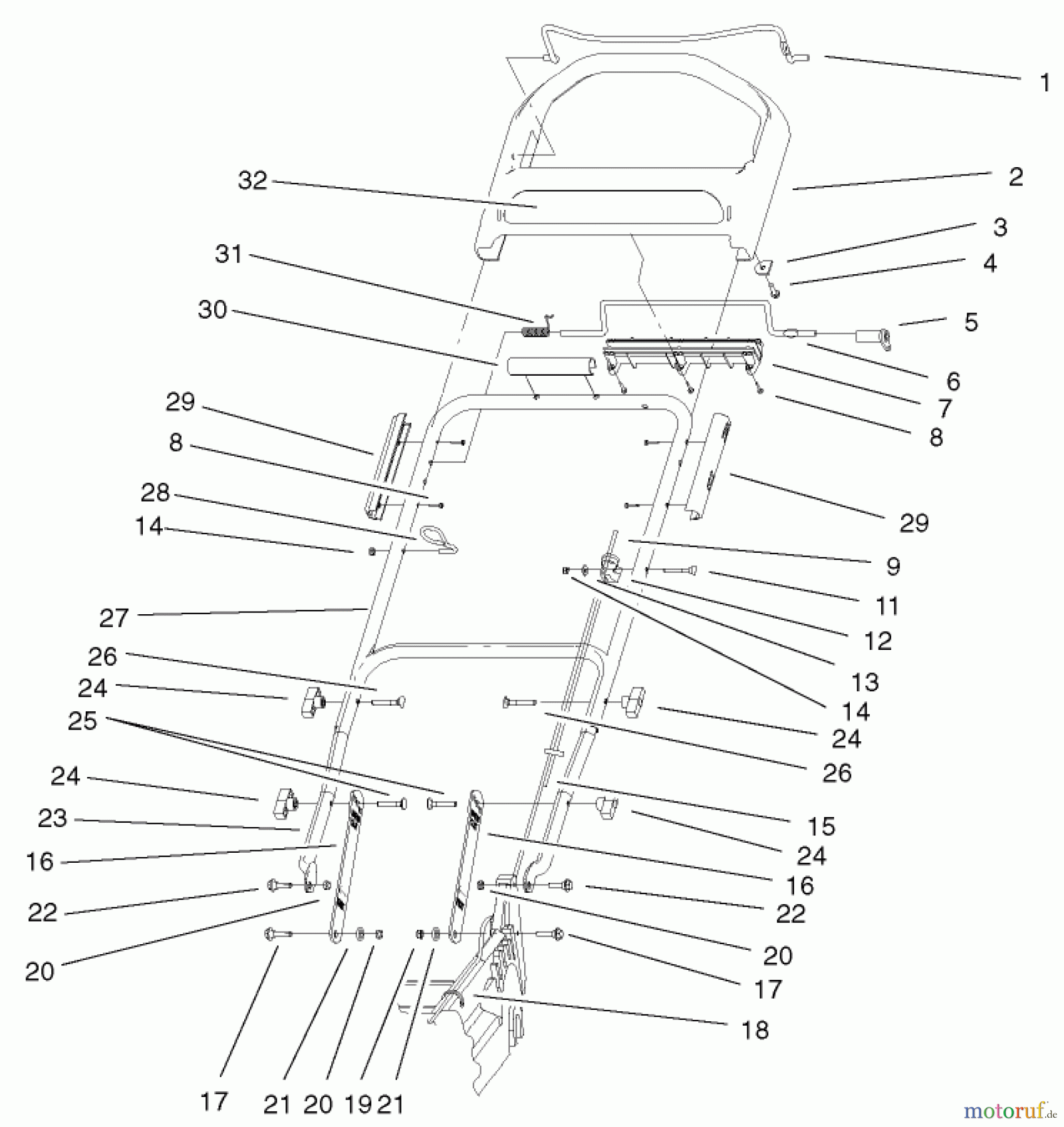  Toro Neu Mowers, Walk-Behind Seite 1 20043 (SR-21SB) - Toro Super Recycler Mower, SR-21SB, 2001 (210000001-210999999) HANDLE AND CONTROLS ASSEMBLY