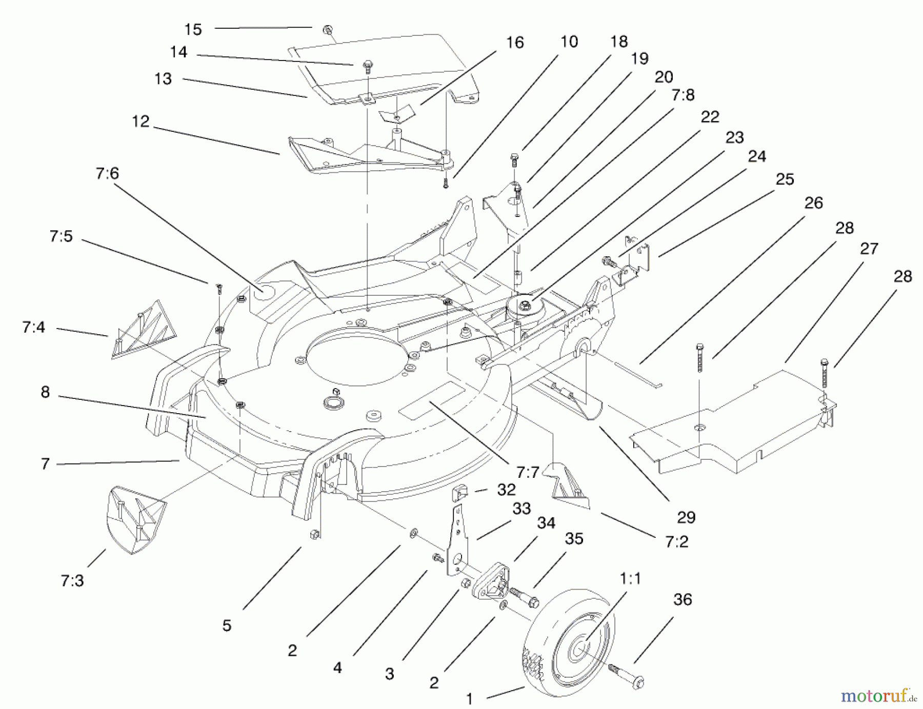  Toro Neu Mowers, Walk-Behind Seite 1 20042 (SR-21S) - Toro Super Recycler Mower, SR-21S, 2001 (210000001-210999999) HOUSING, HANDLE BRACKETS, AND WHEEL ASSEMBLY