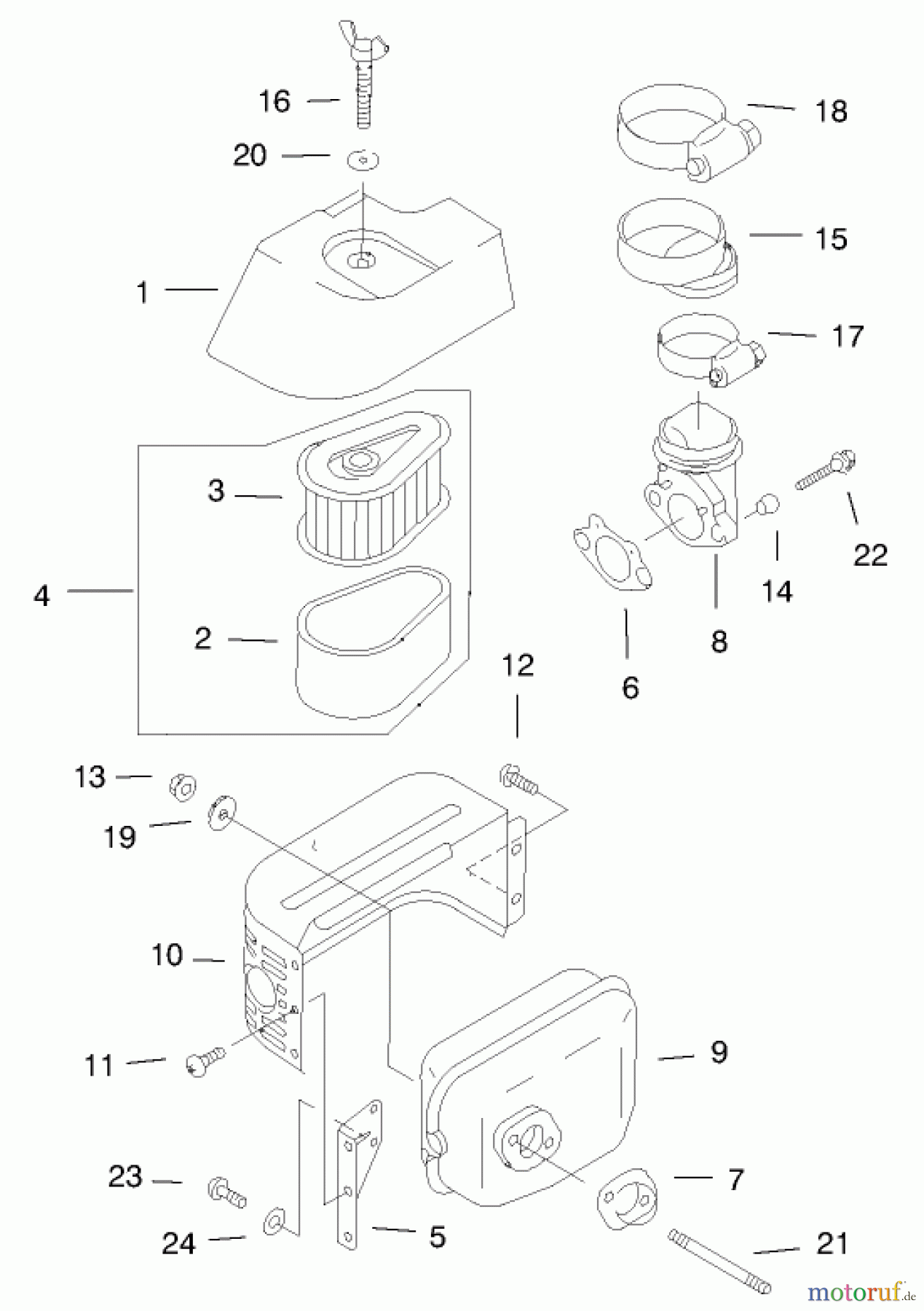  Toro Neu Mowers, Walk-Behind Seite 1 20044 (SR-21OS) - Toro Super Recycler Mower, SR-21OS, 1999 (99000001-99999999) AIR FILTER & MUFFLER ASSEMBLY