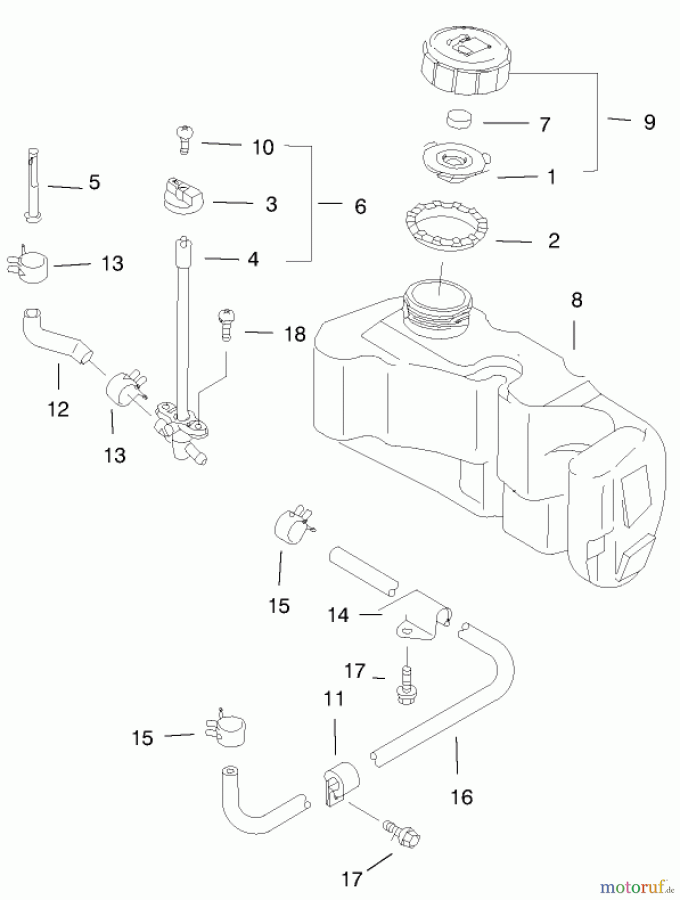  Toro Neu Mowers, Walk-Behind Seite 1 20044 (SR-21OS) - Toro Super Recycler Mower, SR-21OS, 1999 (99000001-99999999) FUEL TANK & VALVE ASSEMBLY