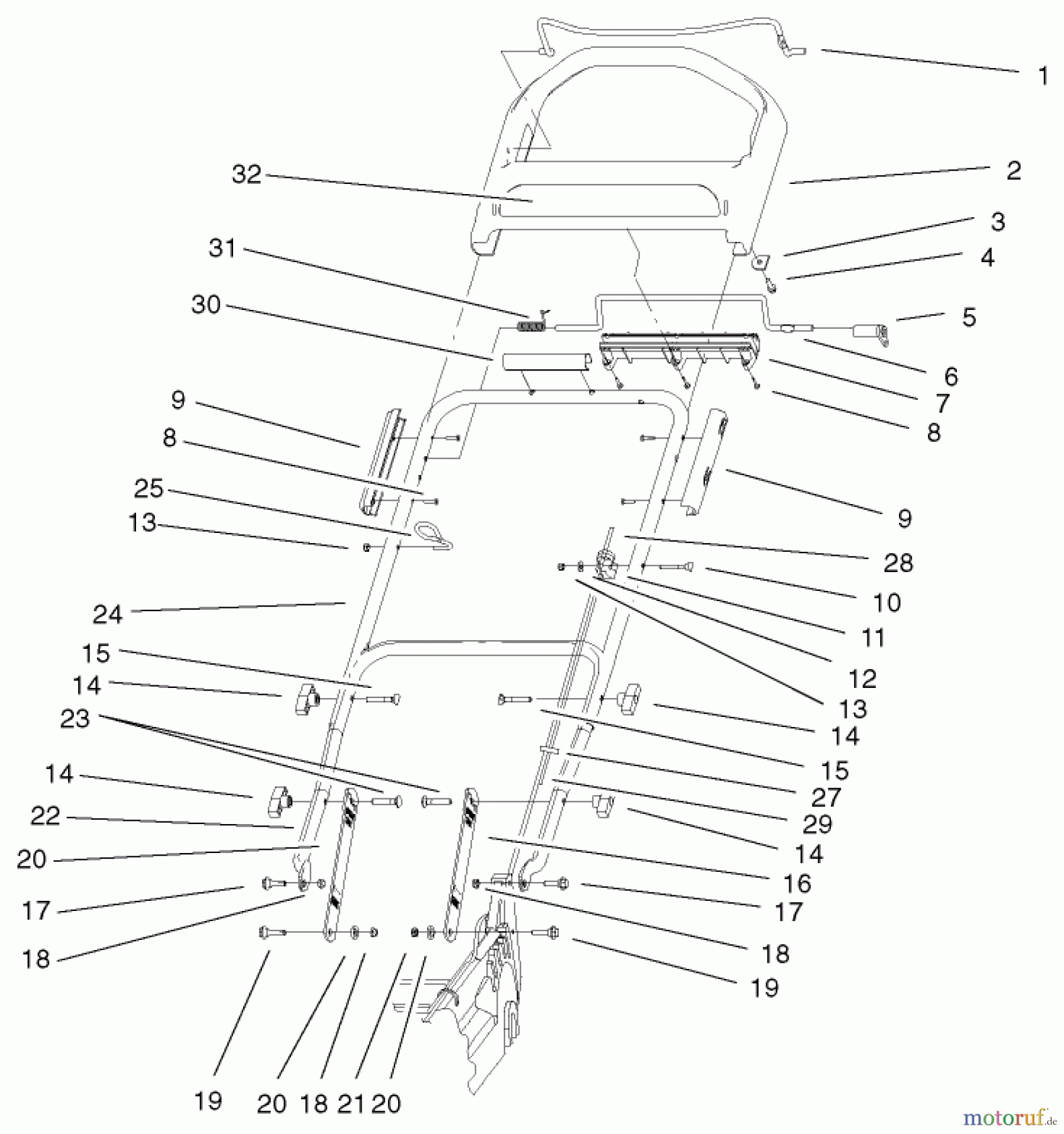  Toro Neu Mowers, Walk-Behind Seite 1 20045 (SR-21SE) - Toro Super Recycler Mower, SR-21SE, 1999 (9900001-9999999) HANDLE AND CONTROL ASSEMBLY