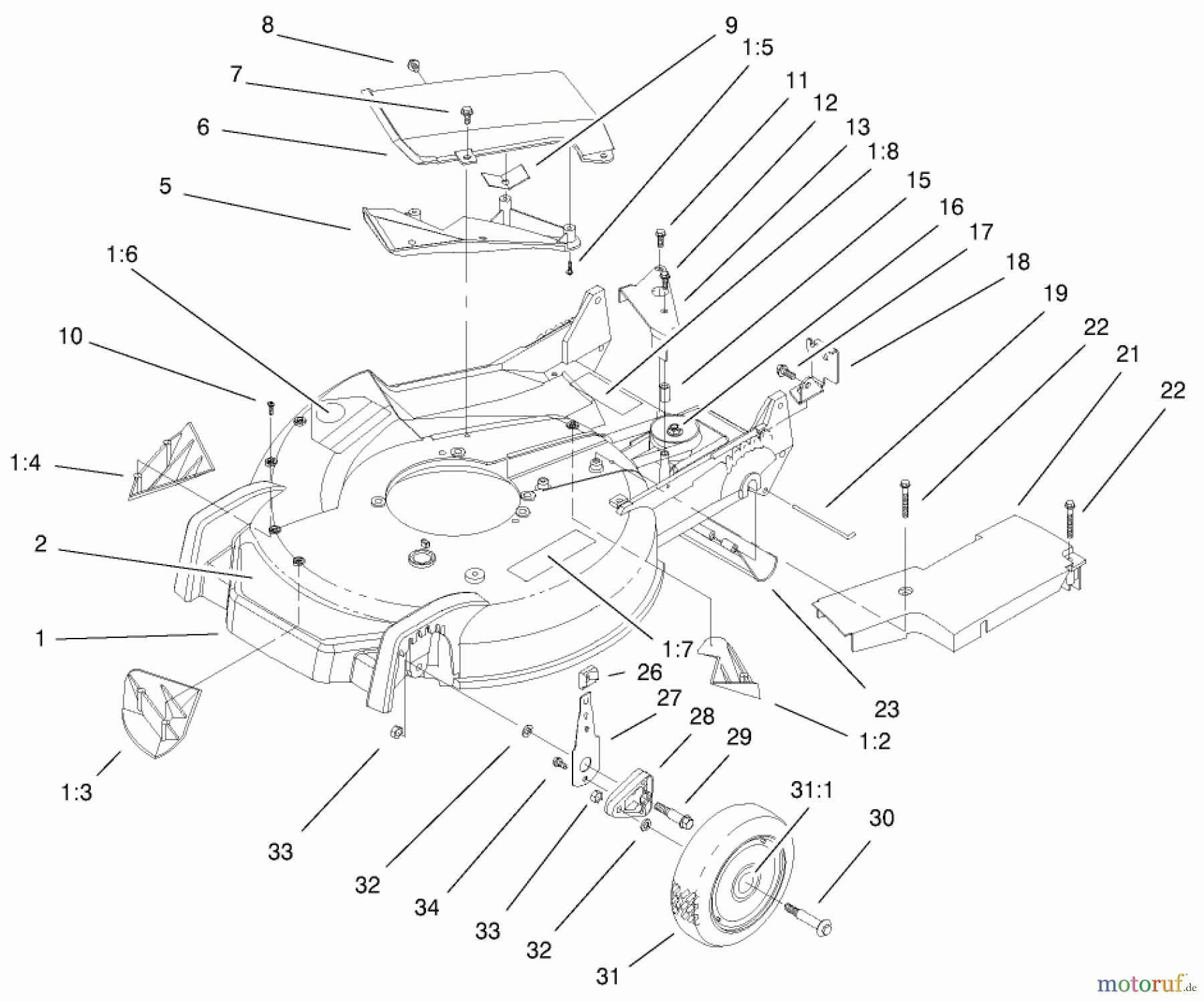  Toro Neu Mowers, Walk-Behind Seite 1 20045 (SR-21SE) - Toro Super Recycler Mower, SR-21SE, 2000 (200000001-200999999) HOUSING, HANDLE BRACKET AND WHEEL ASSEMBLY