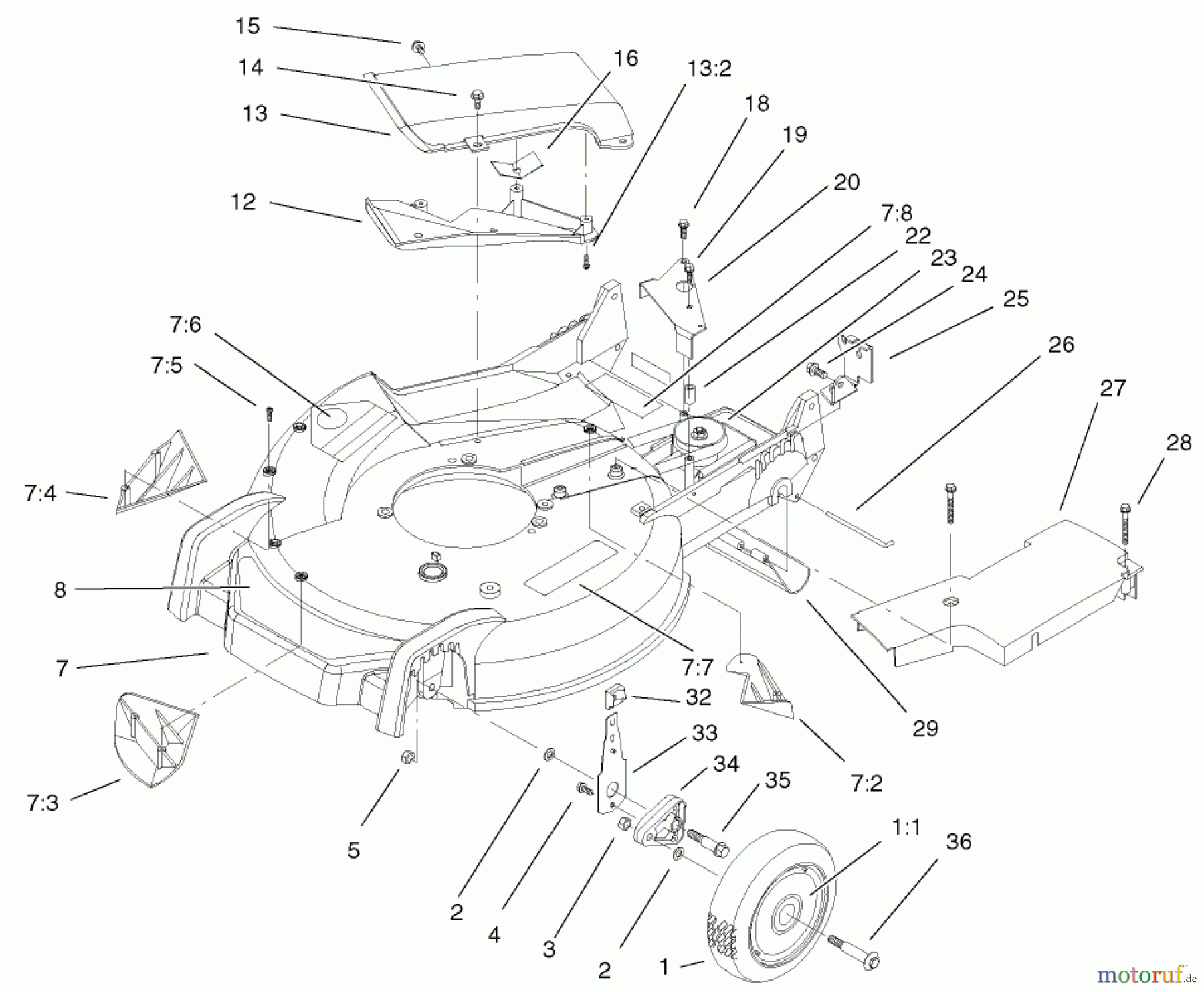  Toro Neu Mowers, Walk-Behind Seite 1 20046 (SR-21OSK) - Toro Super Recycler Mower, SR-21OSK, 2001 (210000001-210999999) HOUSING AND WHEEL ASSEMBLY