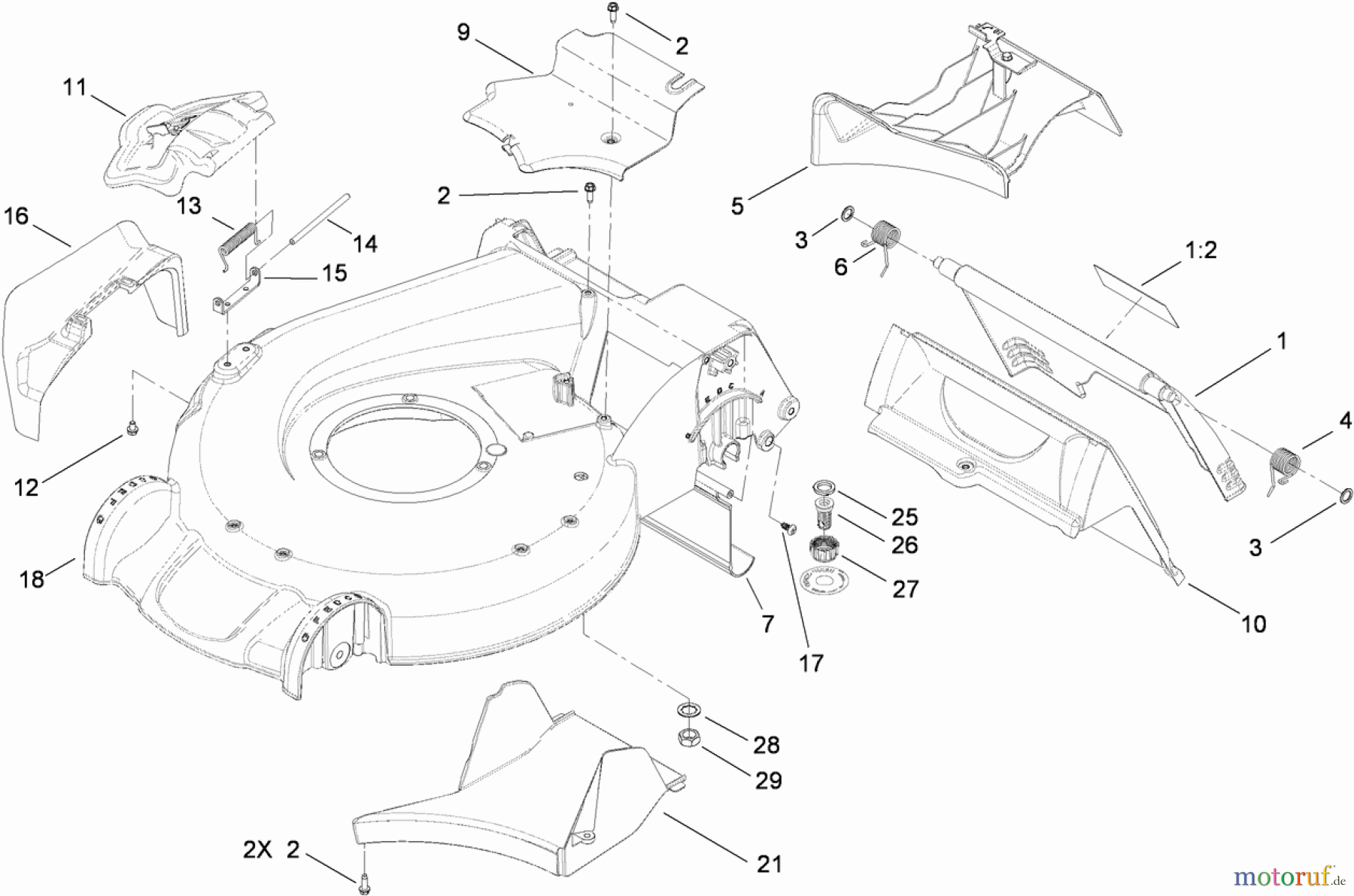  Toro Neu Mowers, Walk-Behind Seite 1 20090 - Toro Super Recycler Lawn Mower, 2009 (290000001-290999999) DECK HOUSING AND REAR DOOR ASSEMBLY