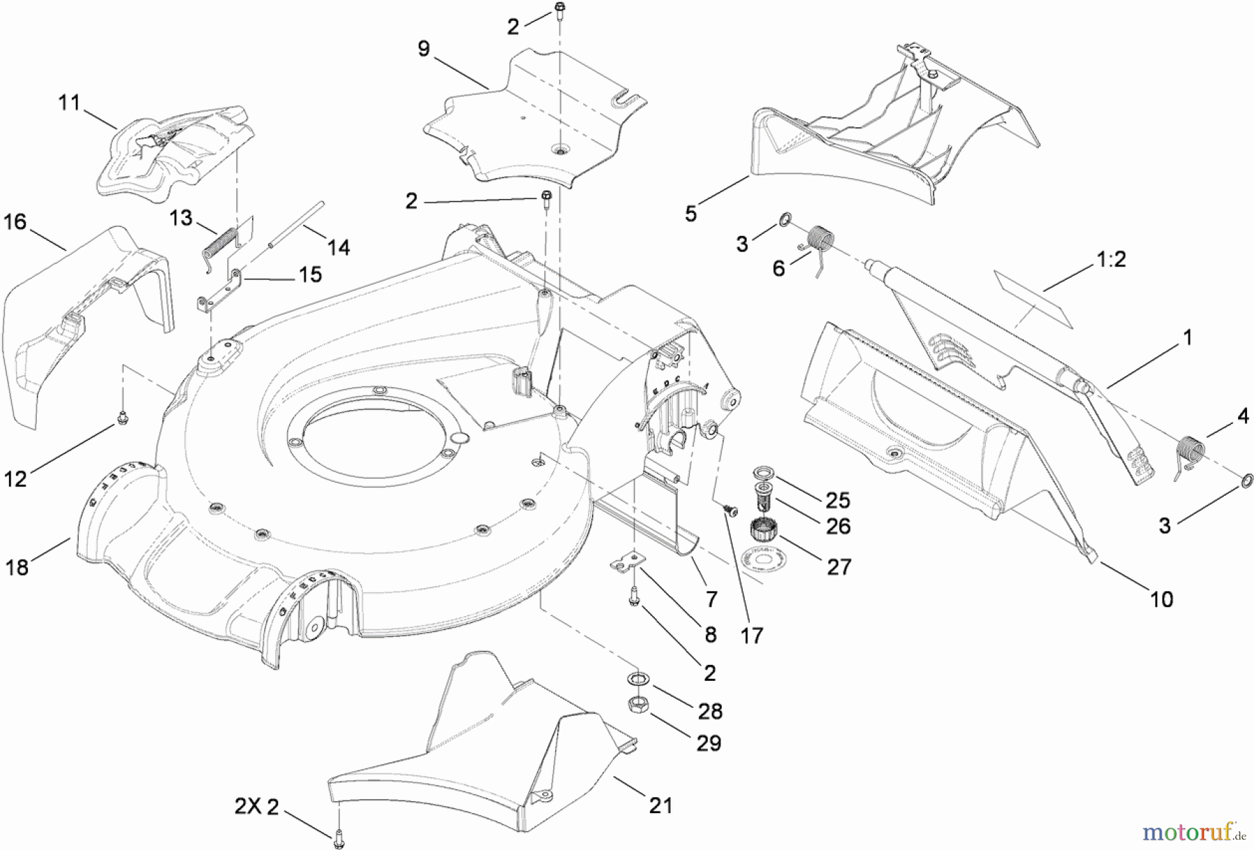  Toro Neu Mowers, Walk-Behind Seite 1 20092 - Toro Super Recycler Lawn Mower, 2009 (290000001-290999999) DECK HOUSING AND REAR DOOR ASSEMBLY